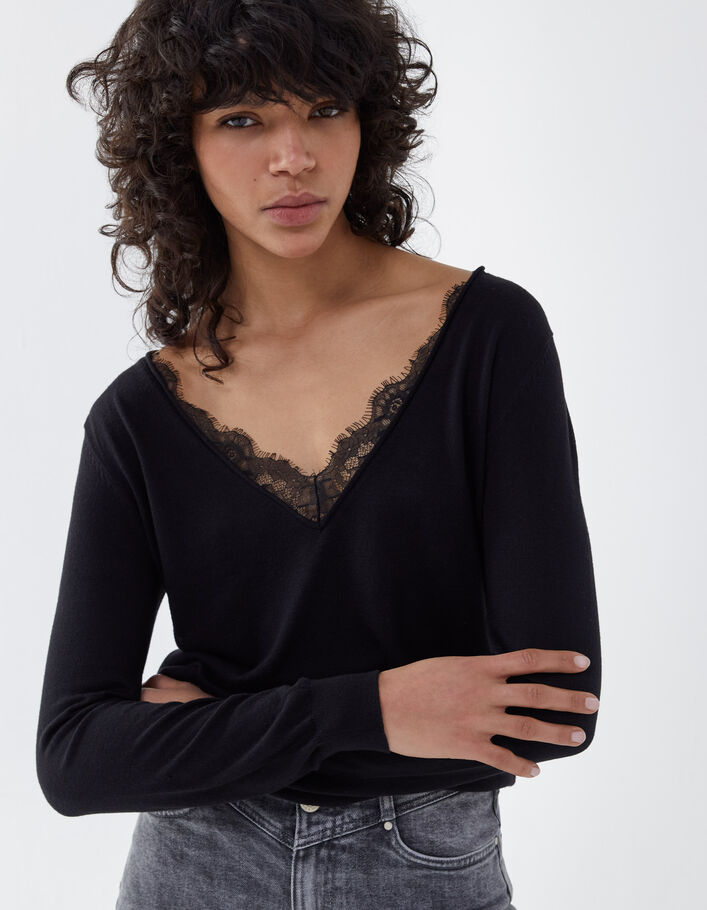 Pull noir maille tricot encolure V apport dentelle femme
