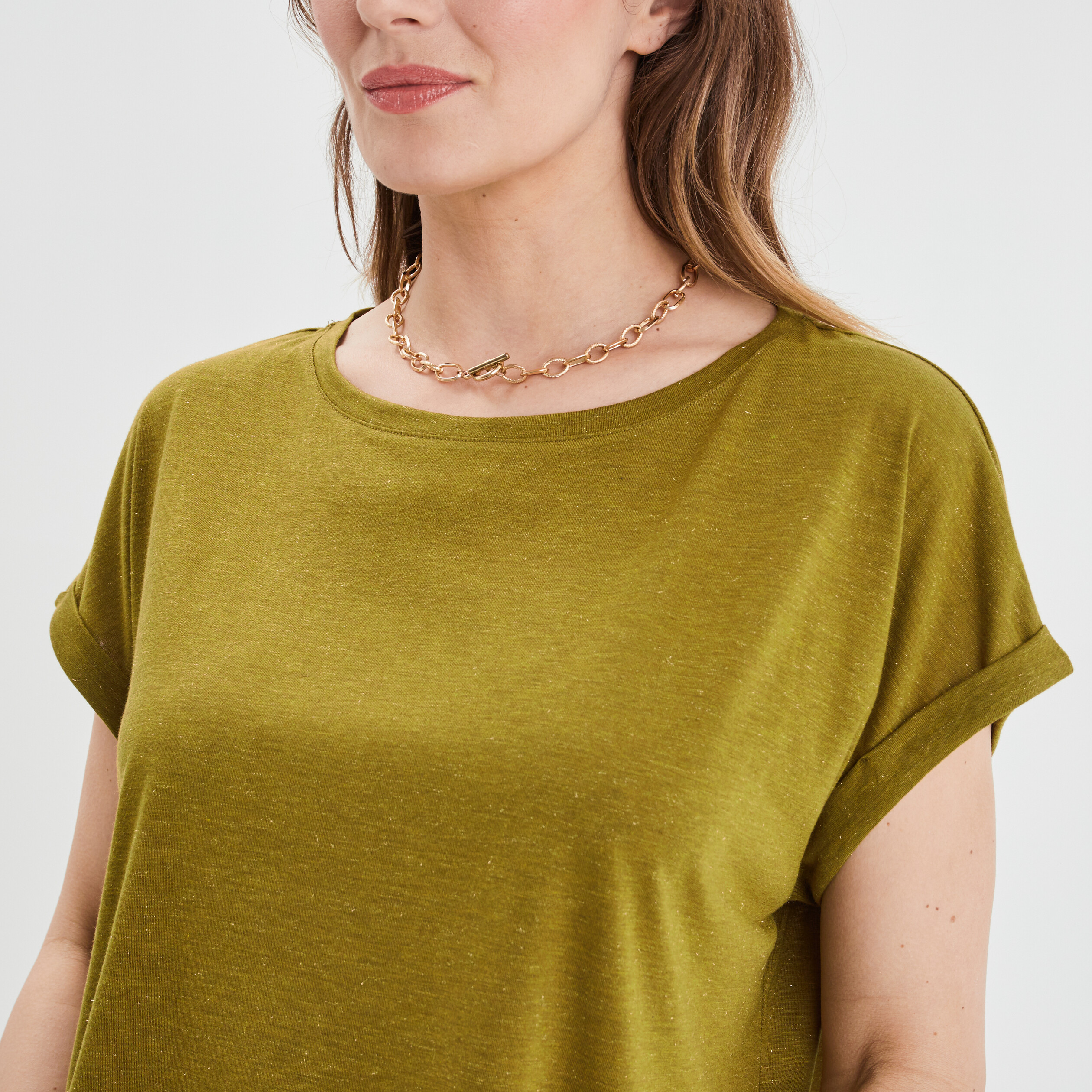 T-shirt manches courtes fils métallisés vert olive femme | La Halle
