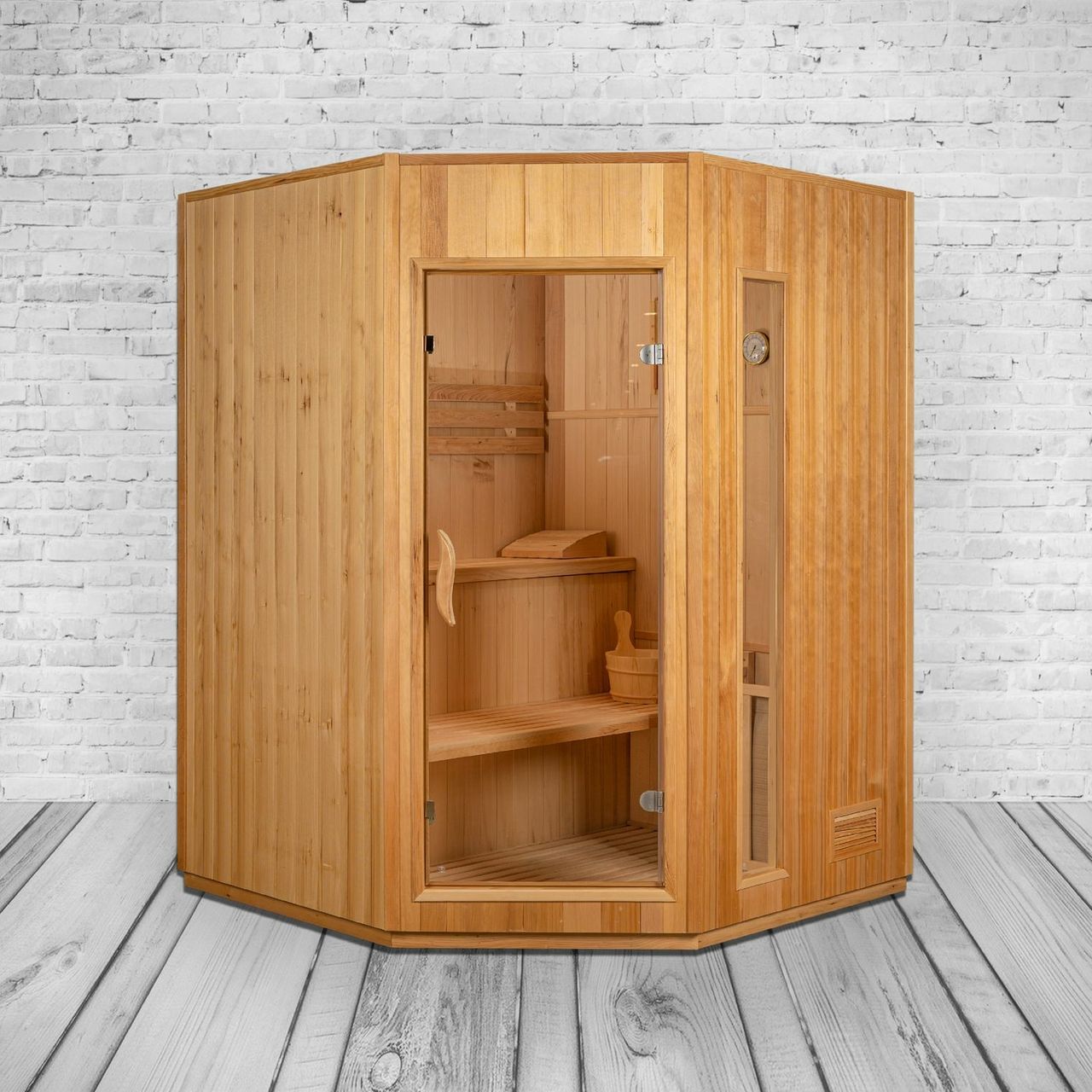 PureHaven Finnische Sauna 150x150x200 cm Harvia Saunaofen für 3 Personen Hemlockholz komplettes Zubehör Saunasteine Glastür Thermometer Beleuchtung