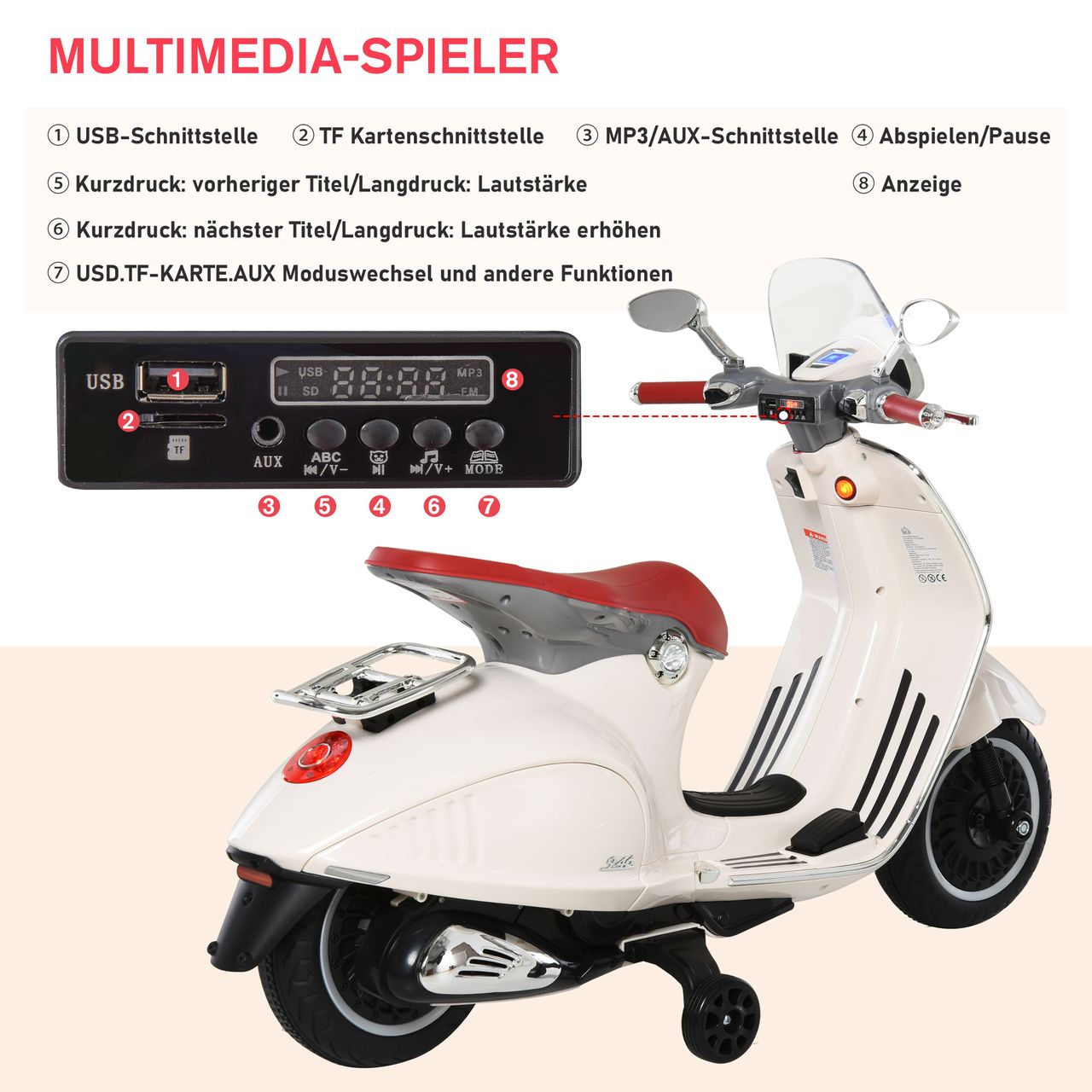 HOMCOM Elektrofahrzeug, Kinderfahrzeug, Kindermotorrad, Elektro-Motorrad mit MP3-Musik Beleuchtung, 3-6 Jahre, PP, Weiß, 108 x 49 x 75 cm