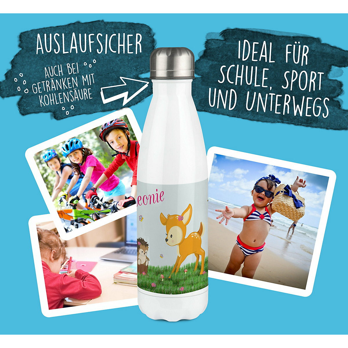 Edelstahl Kinder Thermoflasche / Trinkflasche bunt Reh Spülmaschinenfest, Auslaufsicher, Bruchfest, Doppelwandig, Für Heißgetränke geeignet, Mit Deckel, Isoliert