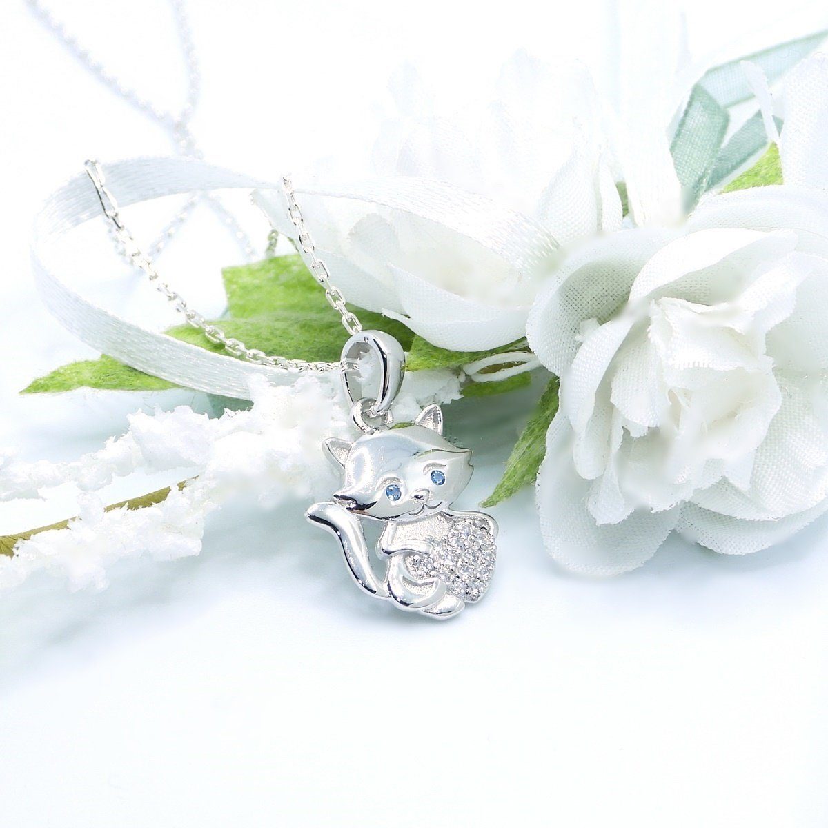 Goldene Hufeisen Kette mit Anhänger Katze mit Herz Halskette aus 925 Silber mit Zirkonia (2-tlg, inkl- Etui), Rhodiniert