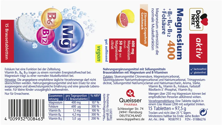 Doppelherz Magnesium 400 + B1 + B6 + B12 + Folsäure