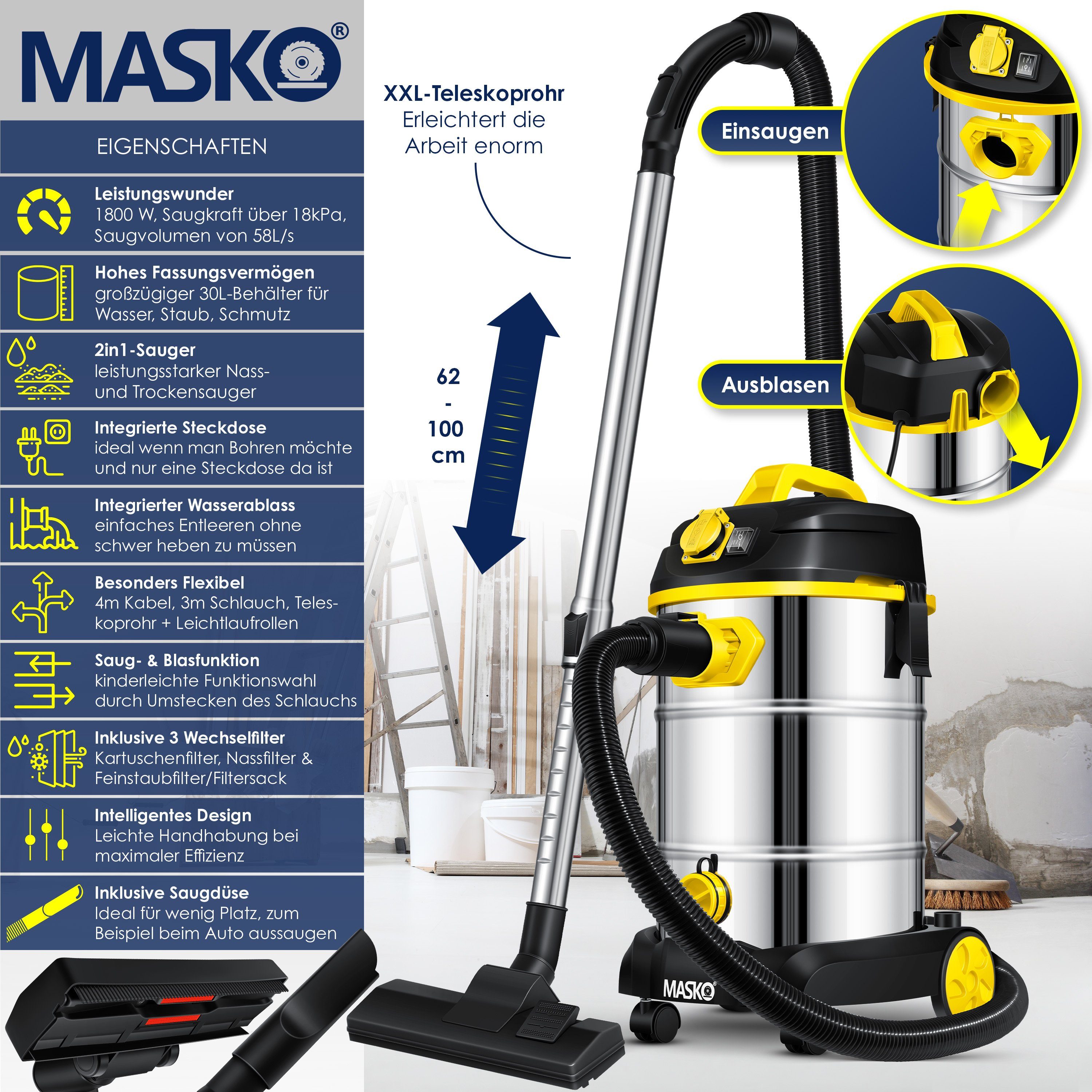 MASKO Industriesauger, 1800 W, Industriestaubsauger Staubsauger Nass Trocken Sauger Edelstahl