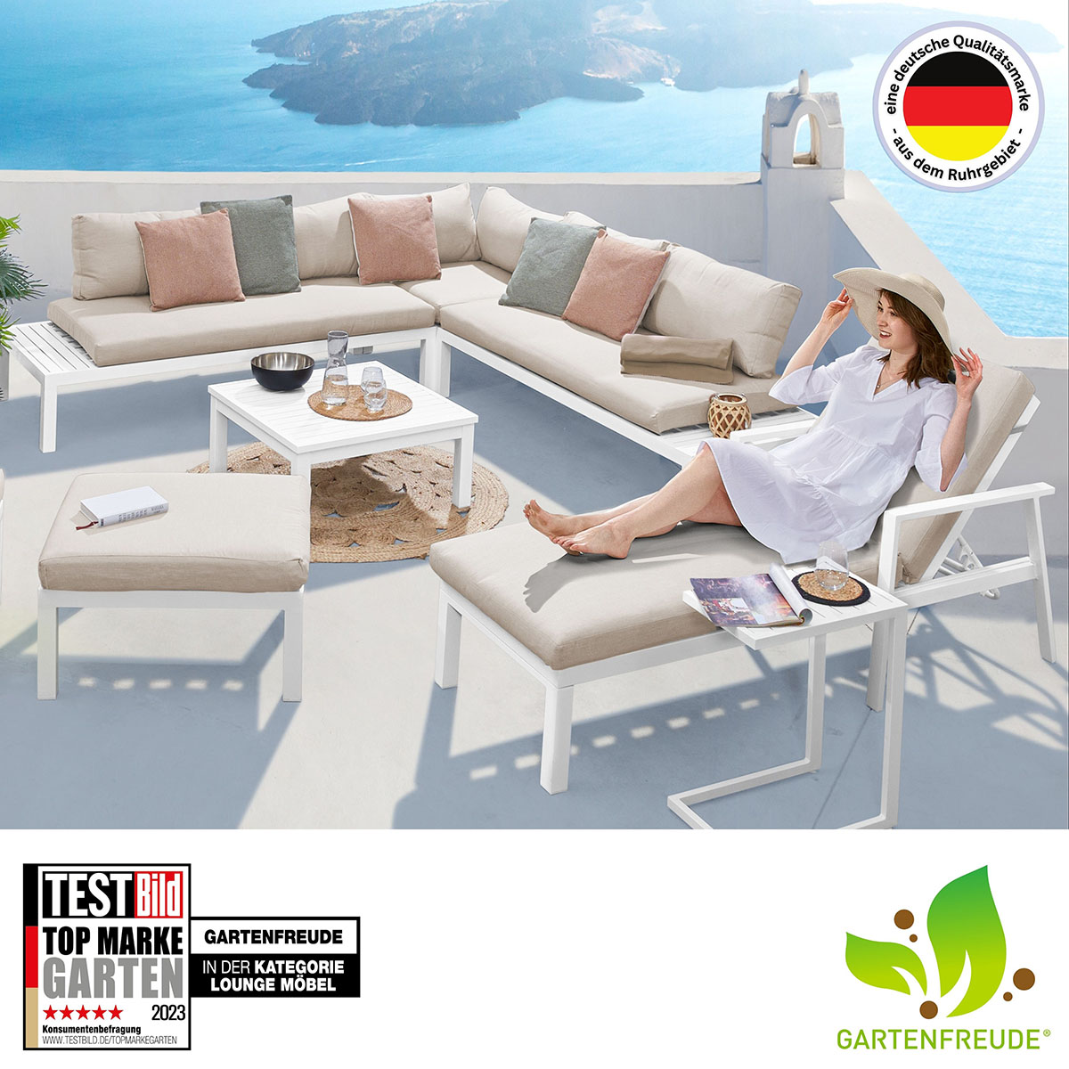 Weles GARTENFREUDE Aluminium Hocker Ambience 60x72x32 cm, weiß / beige / Aluminium weiß