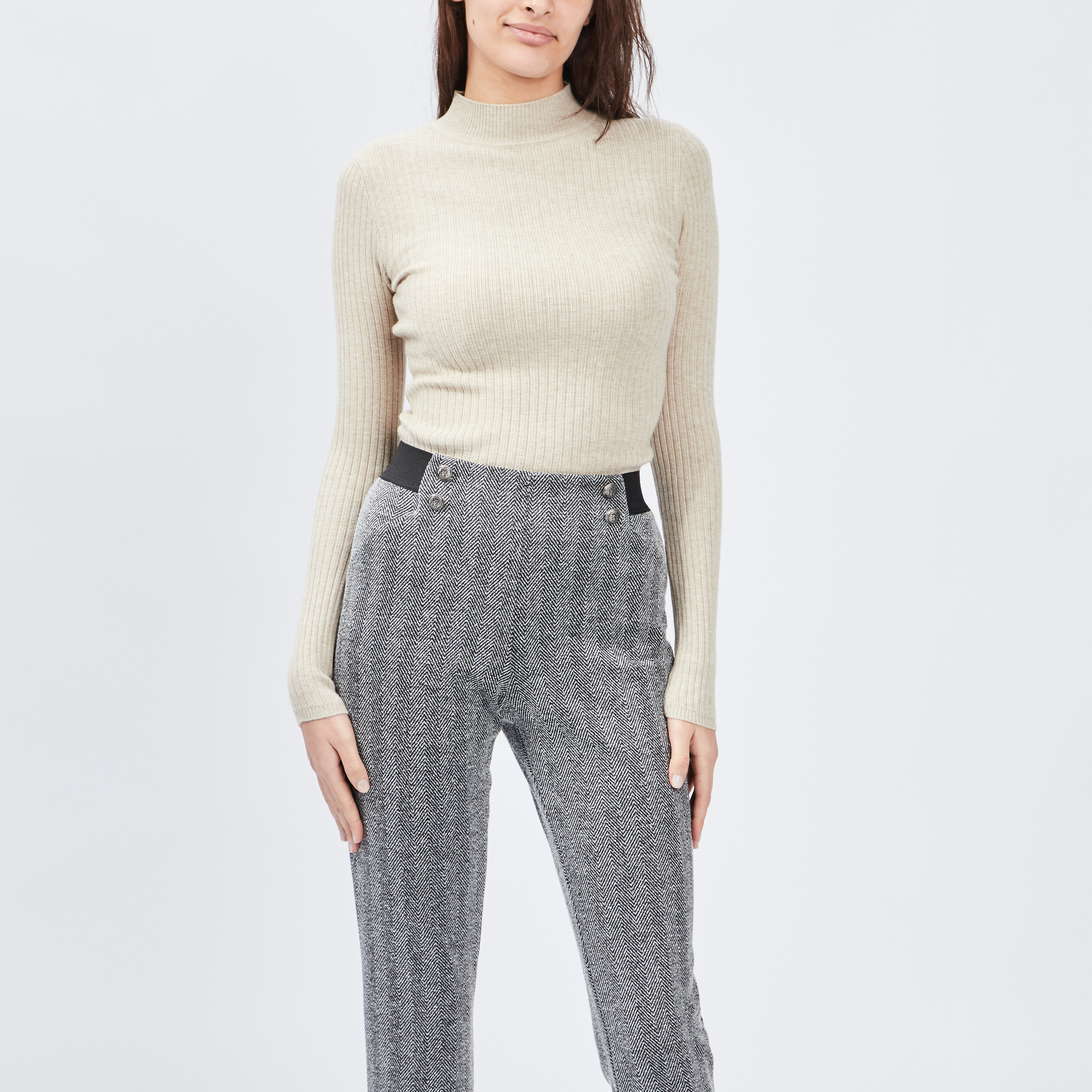 Pull côtelé col montant beige femme | La Halle