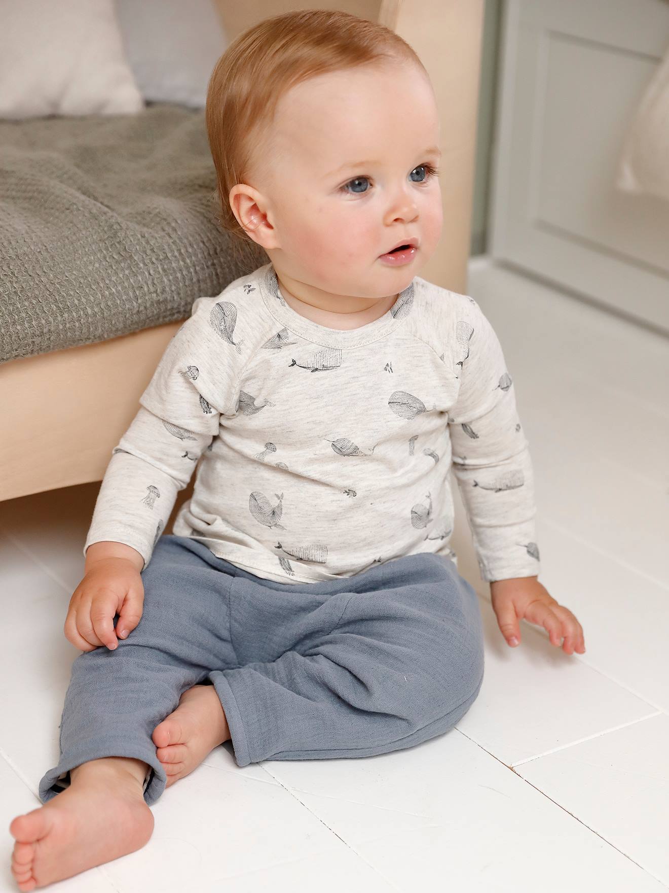 Vertbaudet Gefütterte Baby Hose, Musselin - blaugrau
