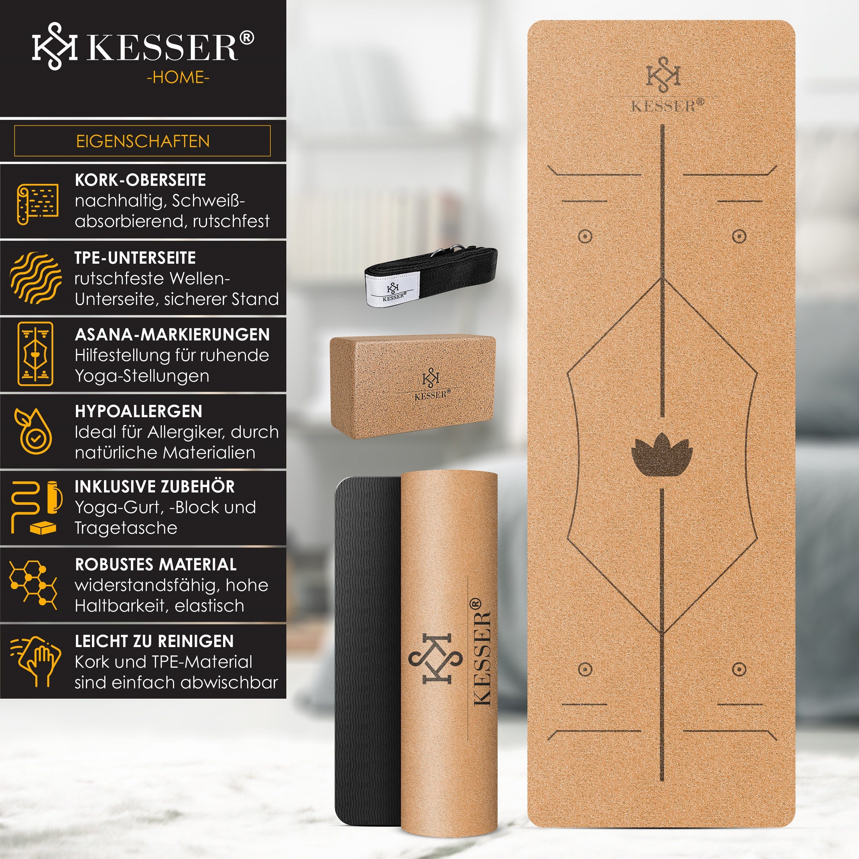 KESSER Yogamatte, Yogamatte Kork Inkl. Tragegurt Tasche Yoga-Block Gymnastik
