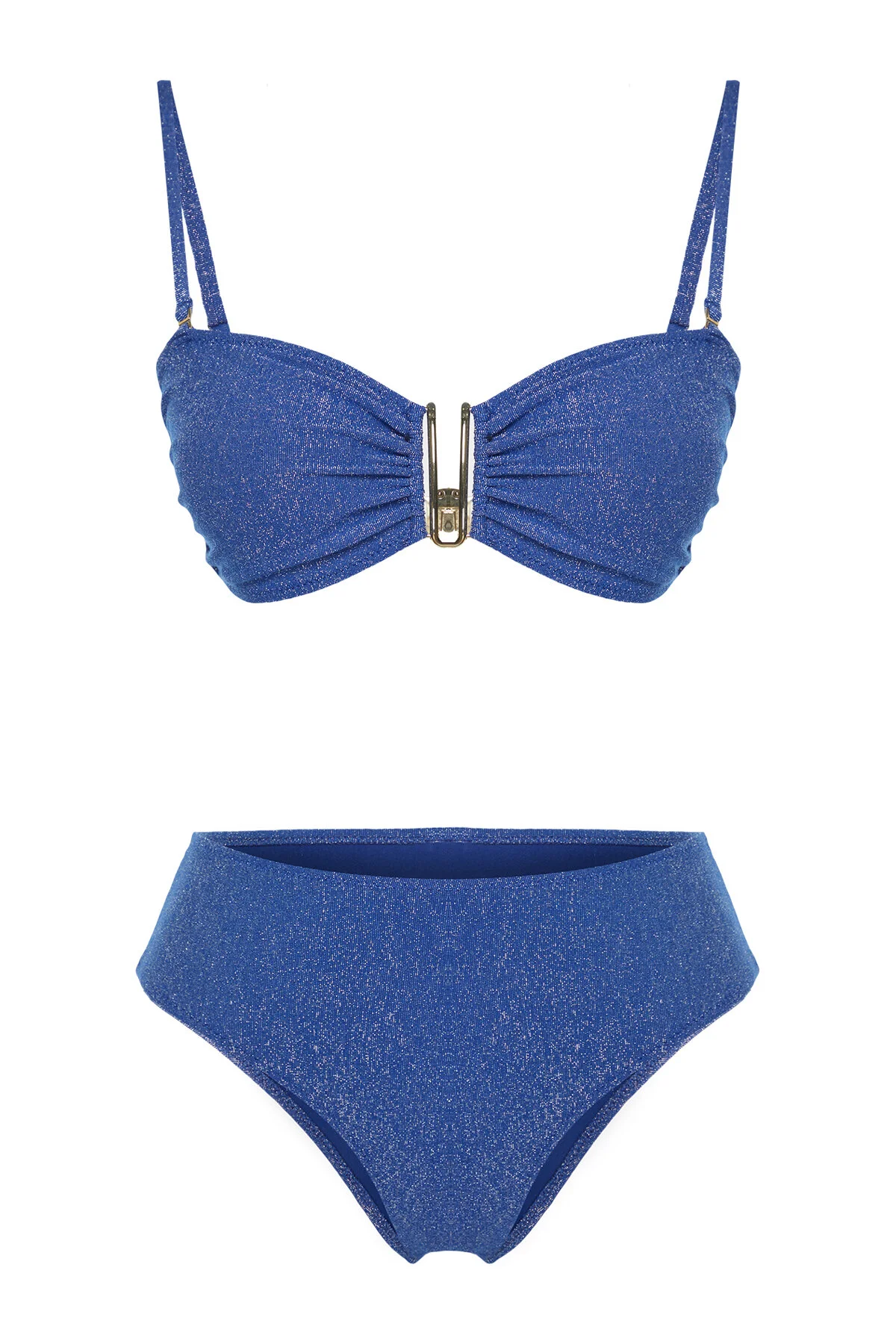Trendyol Collection  Marineblaues, trägerloses Accessoire, glitzerndes brasilianisches Bikini-Set mit hoher Taille und hohem Beinausschnitt TBESS24BT00054