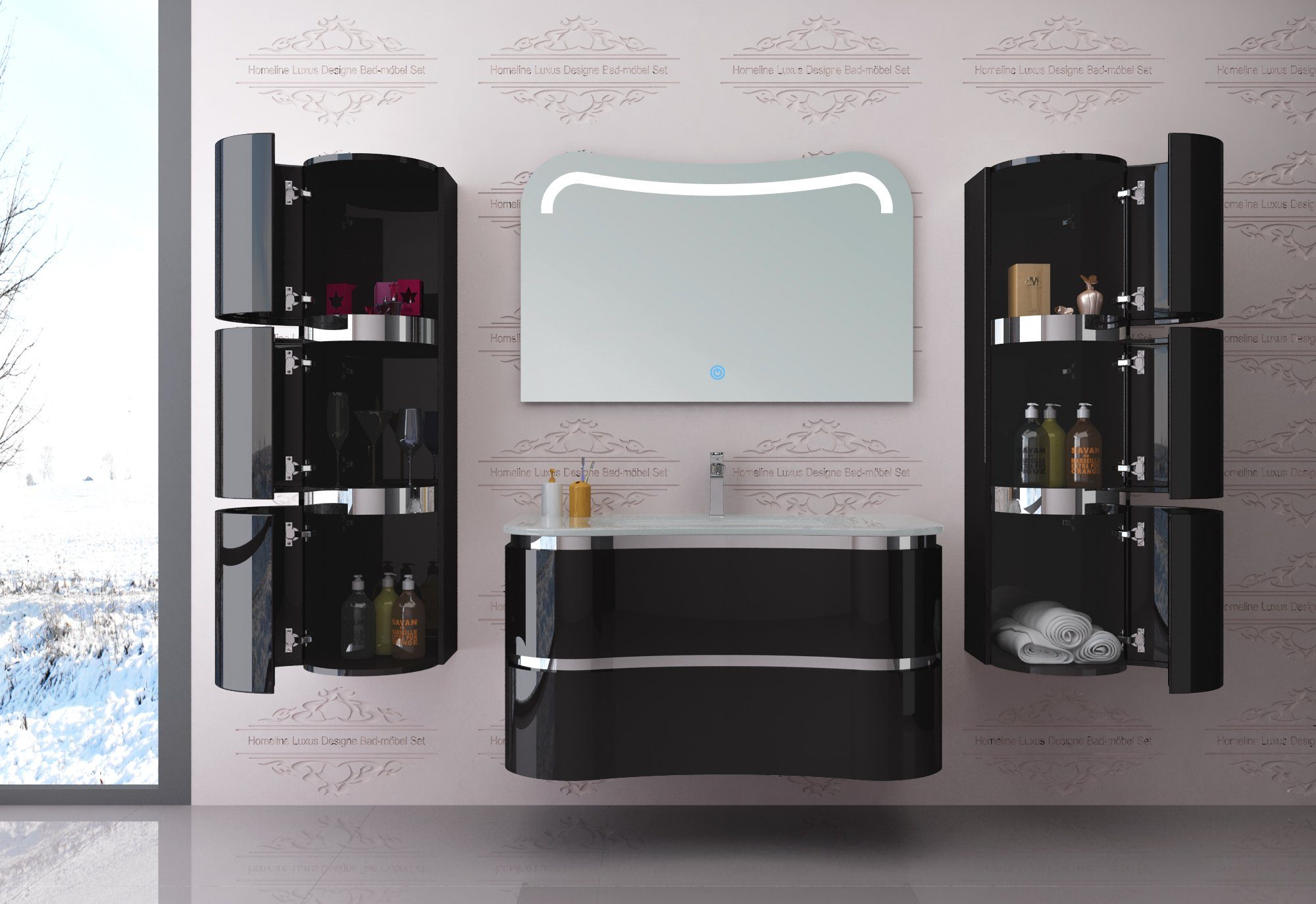 Homeline Badmöbel-Set Ladyy Bad Badmöbel Set Hochglanz Schwarz Oder Weiß 90 cm, (Bad Möbel Set sparßet, 5-St., Besteht aus fünf Teilen)