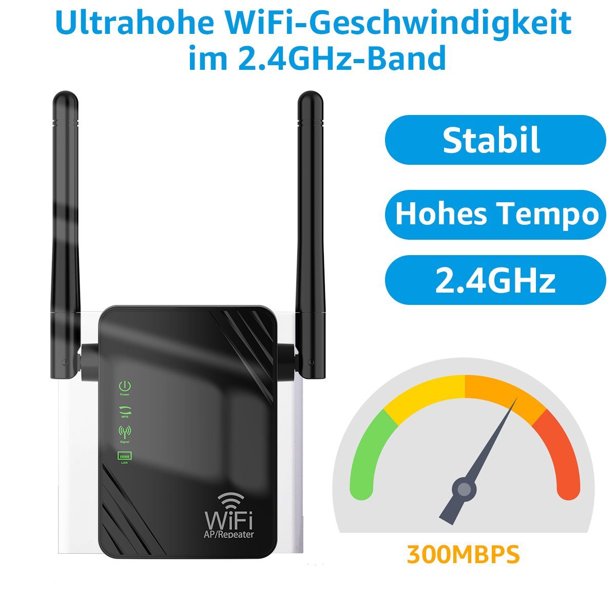 MULISOFT WLAN Verstärker, 300Mbit/s, 2.4G Internet Repeater mit LAN Anschluss WLAN-Repeater, WLAN-System Abdeckung: bis zu 100QM, 2 Ports, WPS Funktion Willigt IEEE802.11b/g/n