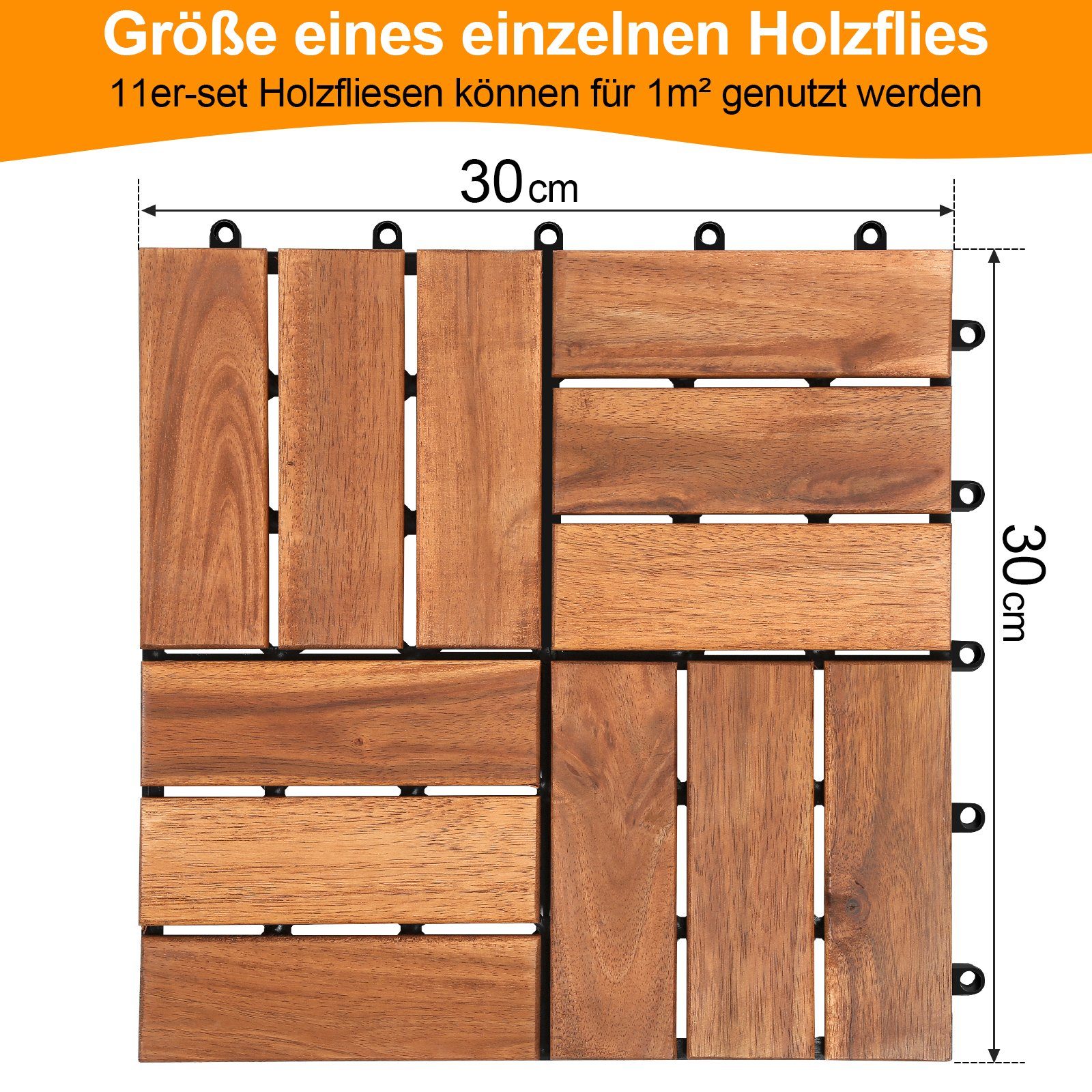 Gimisgu Holzfliesen 11x Terrassenfliese Bodenfliesen Garten Akazie 30x30cm Klicksystem, Platten Holz Bodenfliese