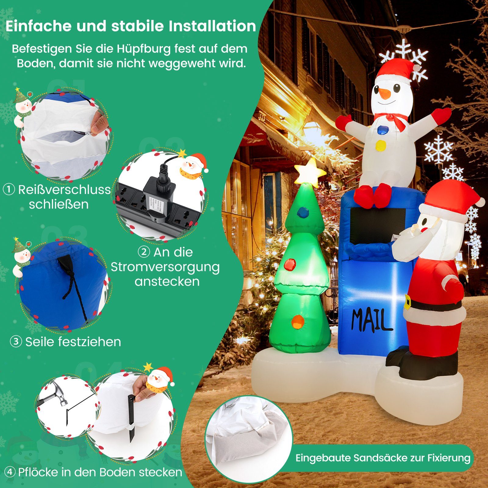 COSTWAY Weihnachtsmann, mit integrierten LED-Lichtern, aufblasbar, 185 cm