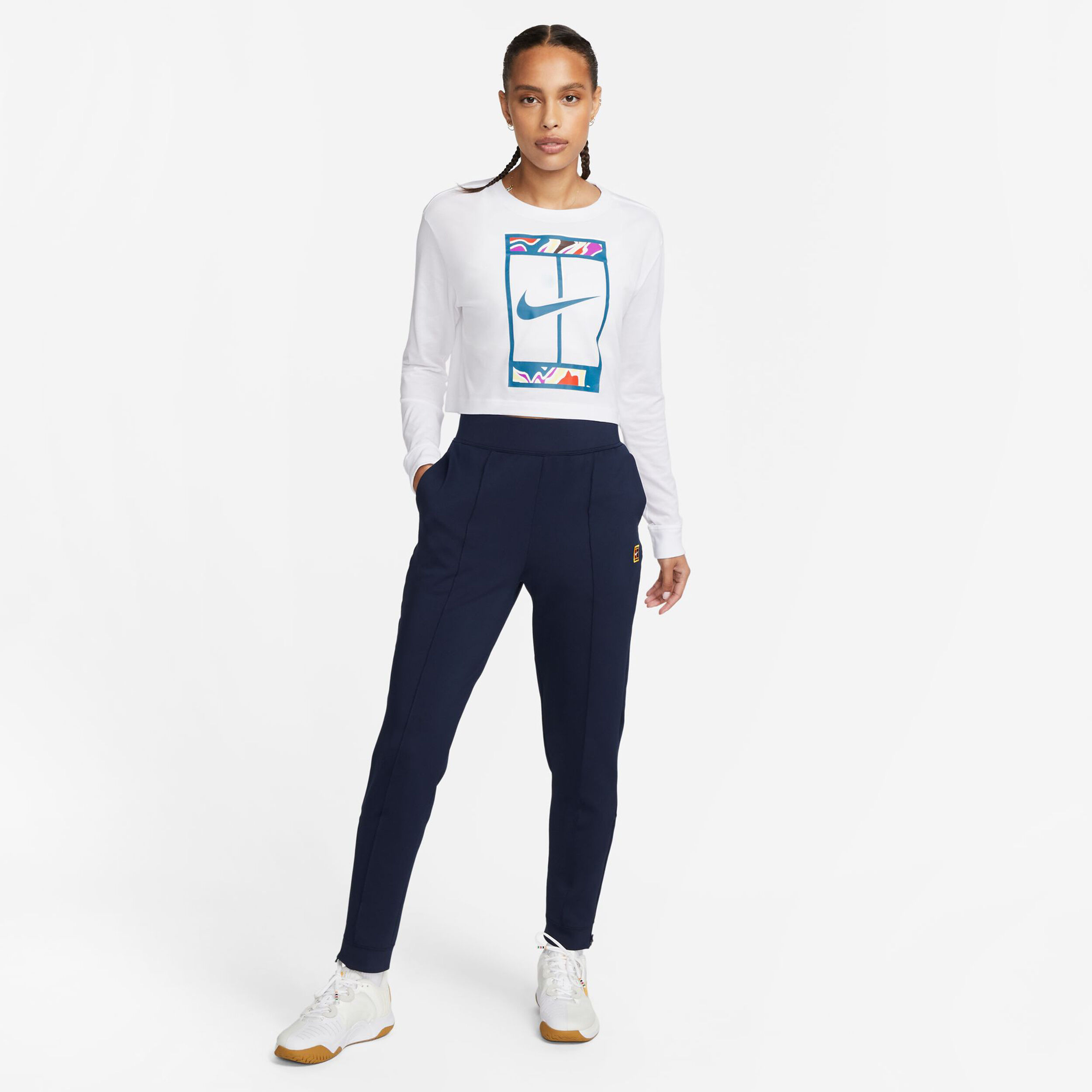 Dri-Fit Court Slam Cropped Longsleeve Damen - Weiß, Mehrfarbig