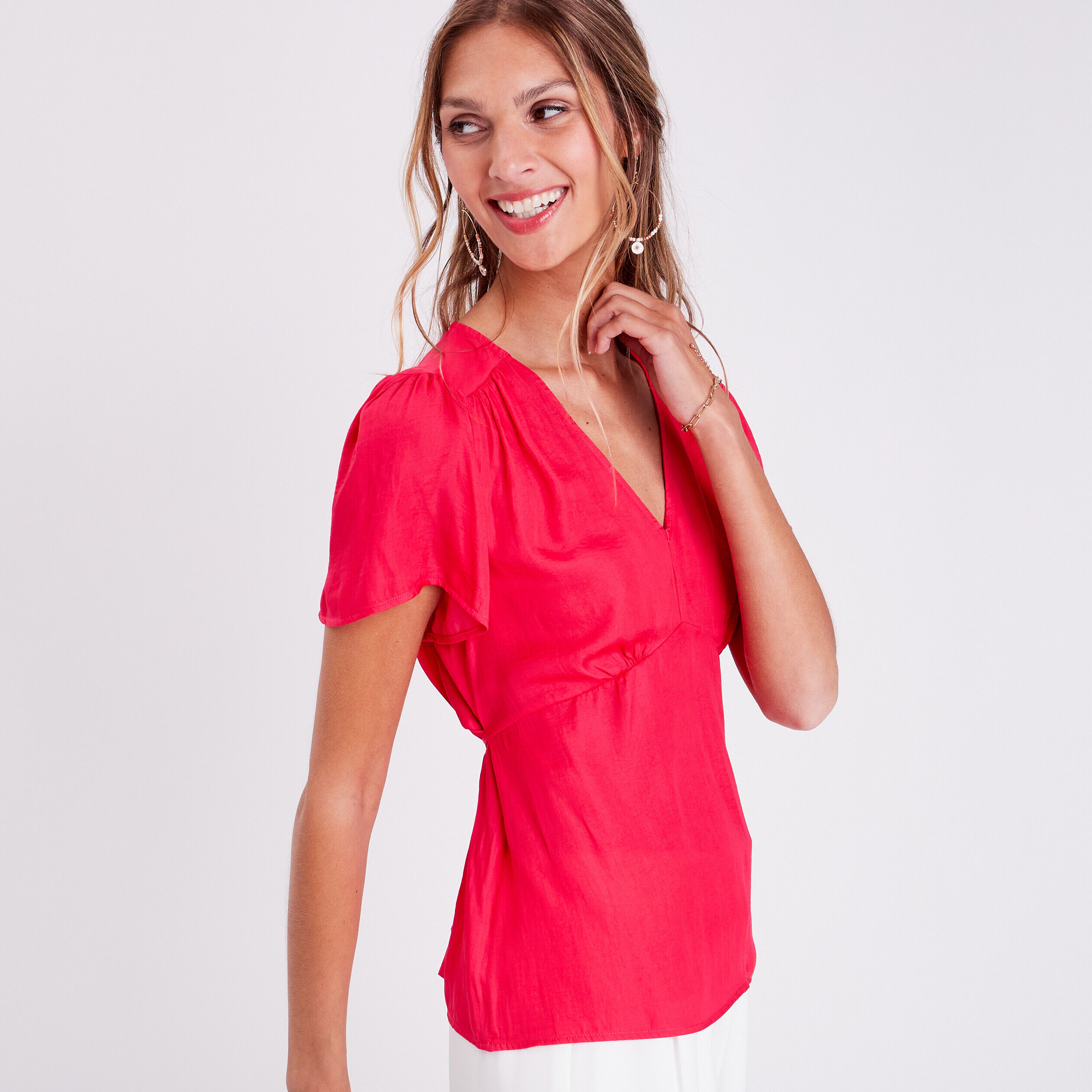 Blouse manches courtes satin rose vif femme | Cache Cache