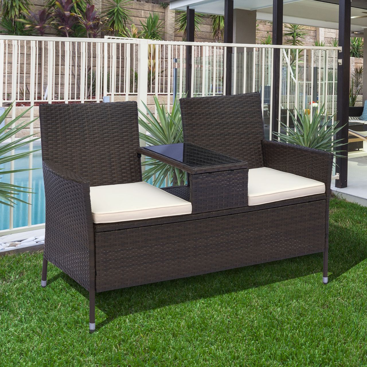 Outsunny Polyrattan Gartenbank Gartensofa Sitzbank mit Tisch 2-Sitzer Stahl Braun