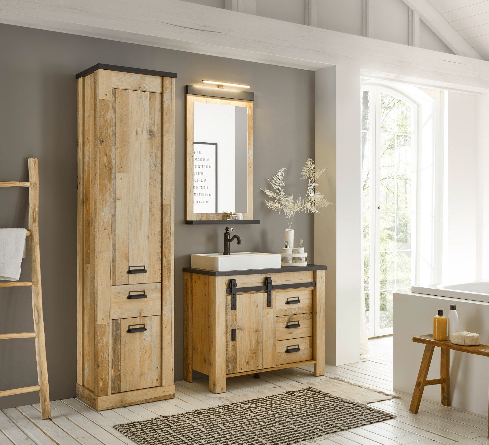 Furn.Design Badmöbel-Set Stove, (Used Wood Vintage, Komplett-Set), inklusive Waschbecken und Spiegellampe, Soft-Close