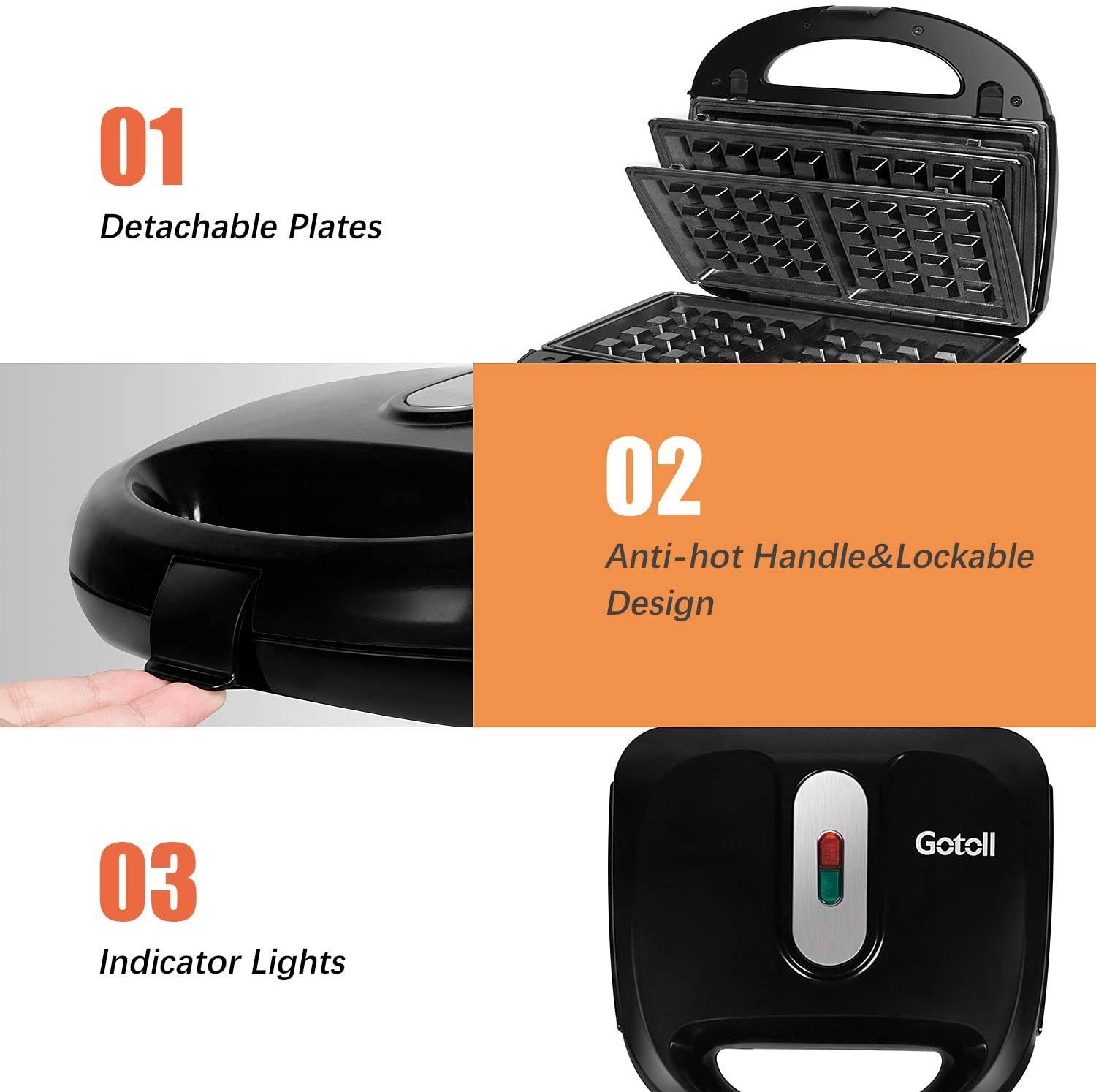 Gotoll 3-in-1-Sandwichmaker HS120N, 750 W, Waffeleisen Sandwichtoaster, Grill wechselplatten, schwarz