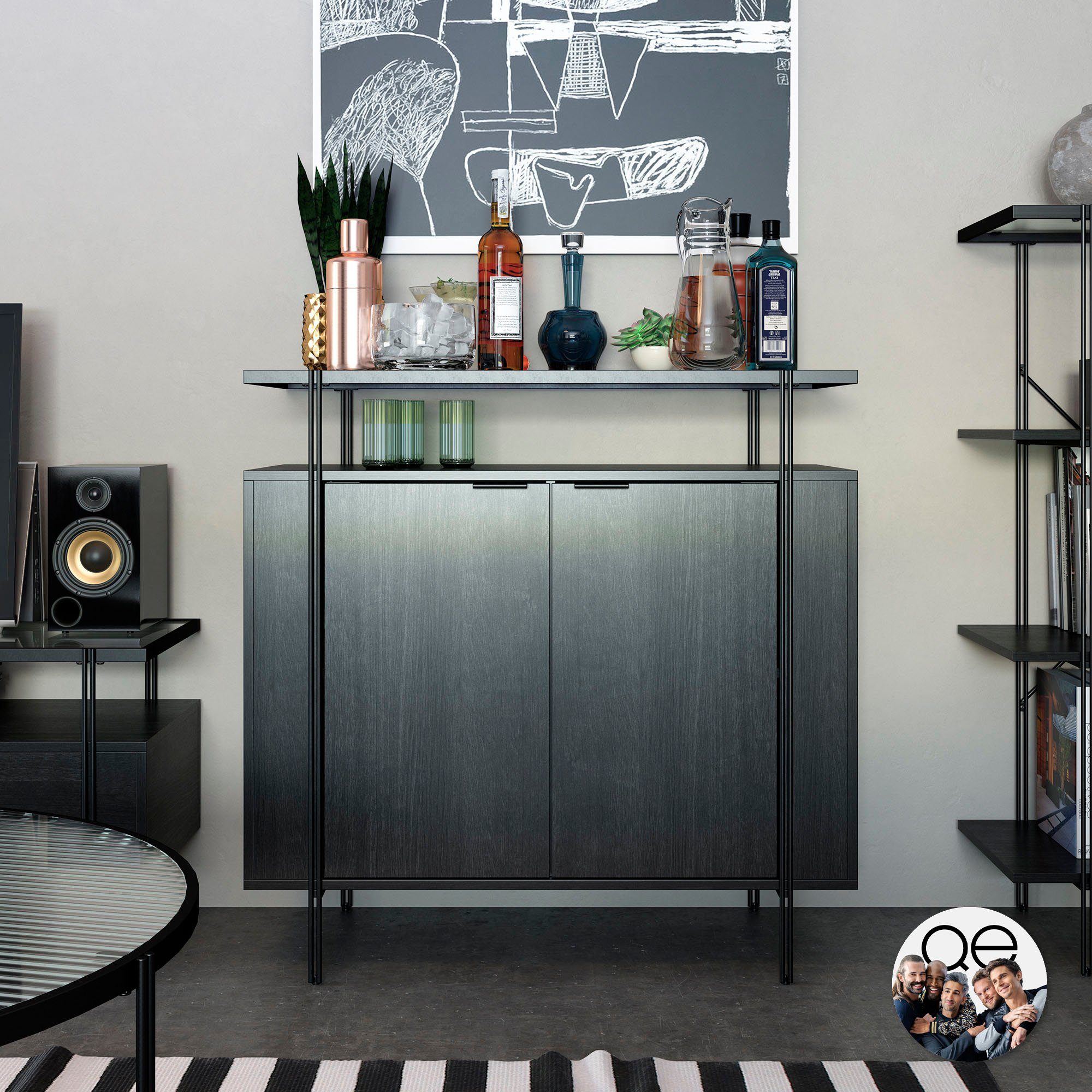Dorel Home Barschrank Wainwright mit Oberboden aus geriffeltem Glas, Breite 91,5 cm, Höhe 92 cm