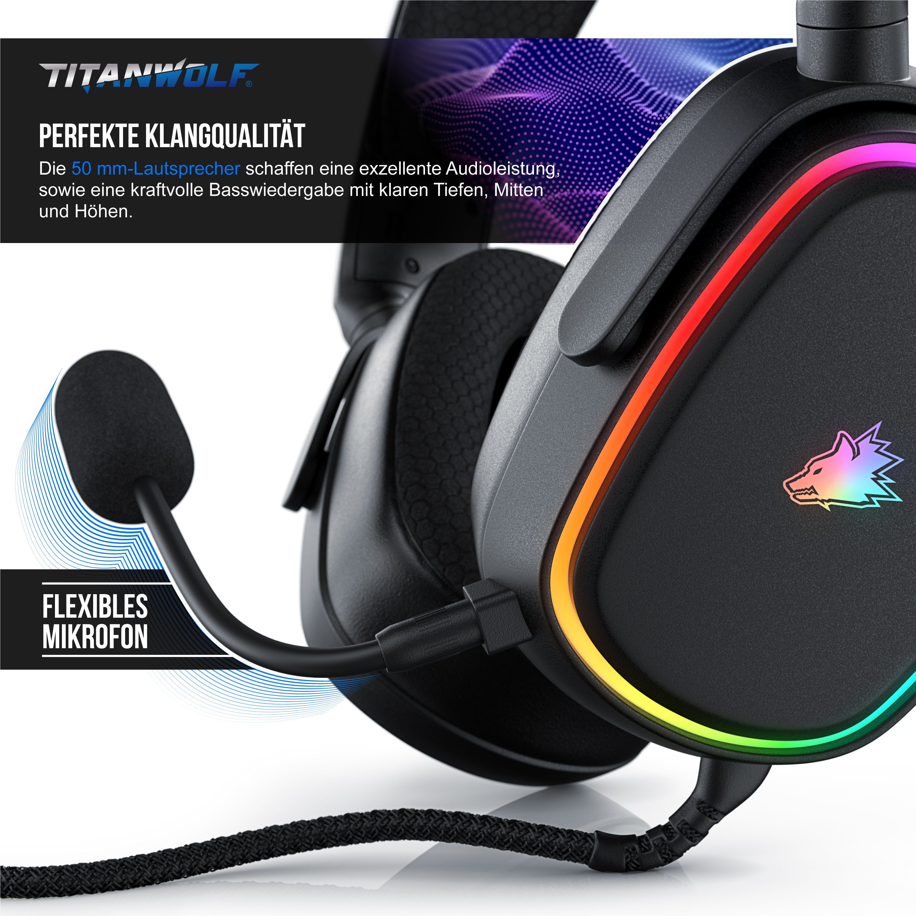 Titanwolf Gaming-Headset (Kabel mit Stoffummantelung; Mikrofon entnehmbar; Kabelfernbedienung mit Lautstärke; RGB Beleuchtung, 7.1 Virtuell Surround Kopfhörer, 1,95 cm Kabel, für PC, PS4 & PS5)