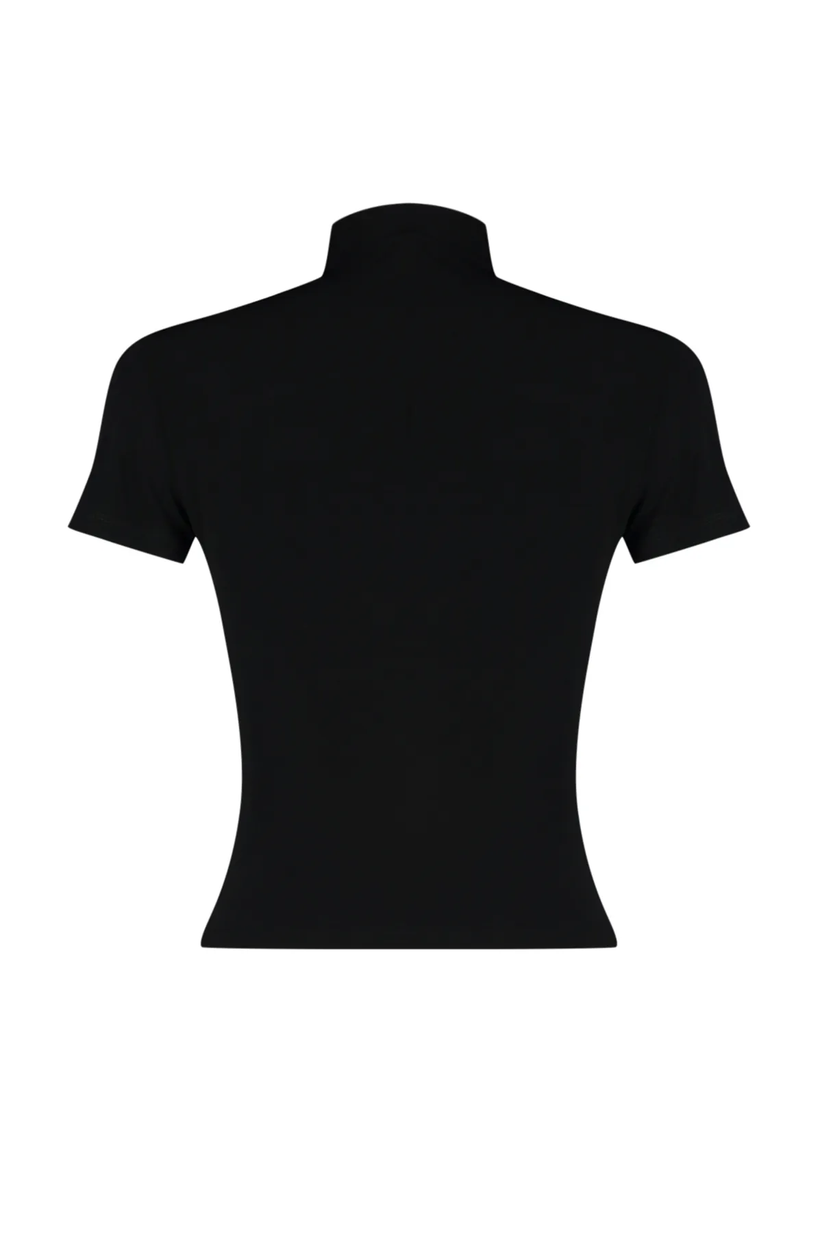 Trendyol Collection  Schwarze, taillierte/taillierte Kurzarm-Stretch-Strickbluse mit Stehkragen und Raffung TWOSS24BZ00426