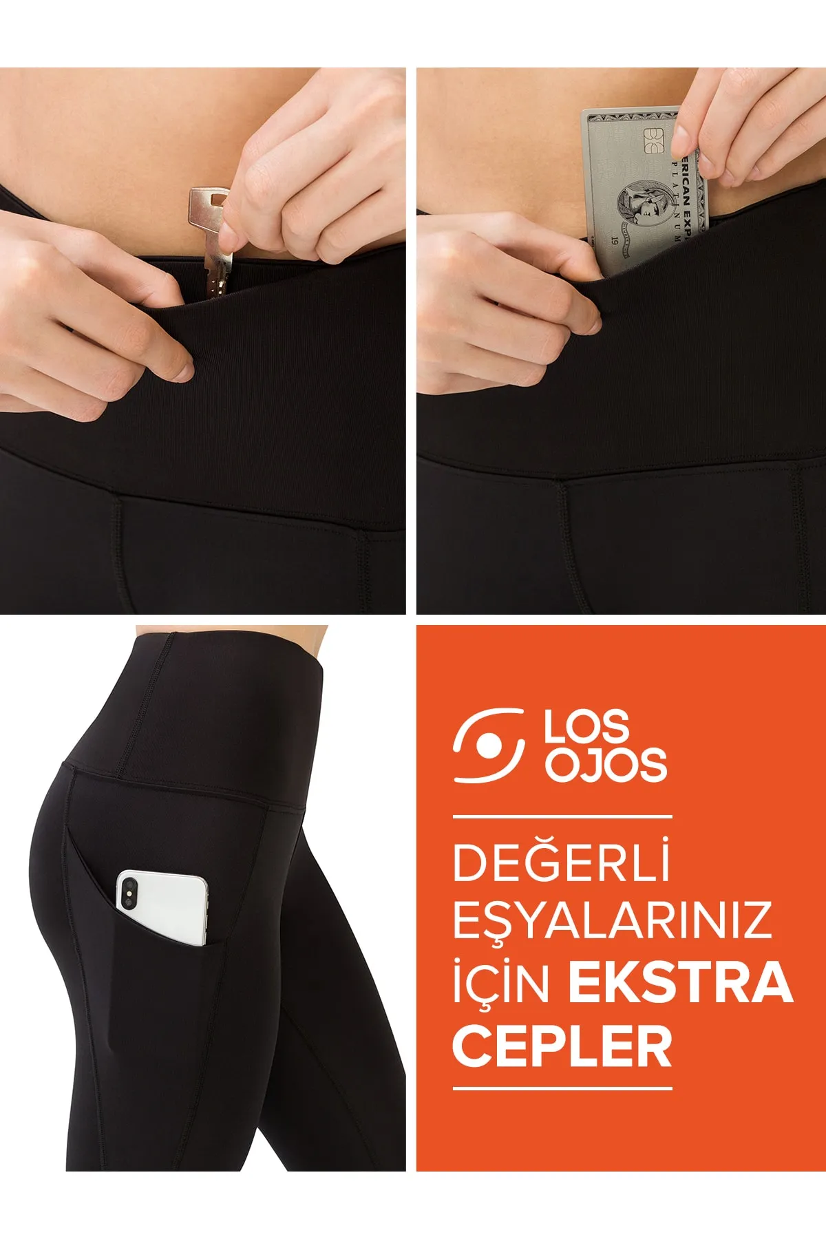 LOS OJOS  Schwarze, kompakte Sport-Leggings mit hoher Taille und doppelter Tasche für Damen
