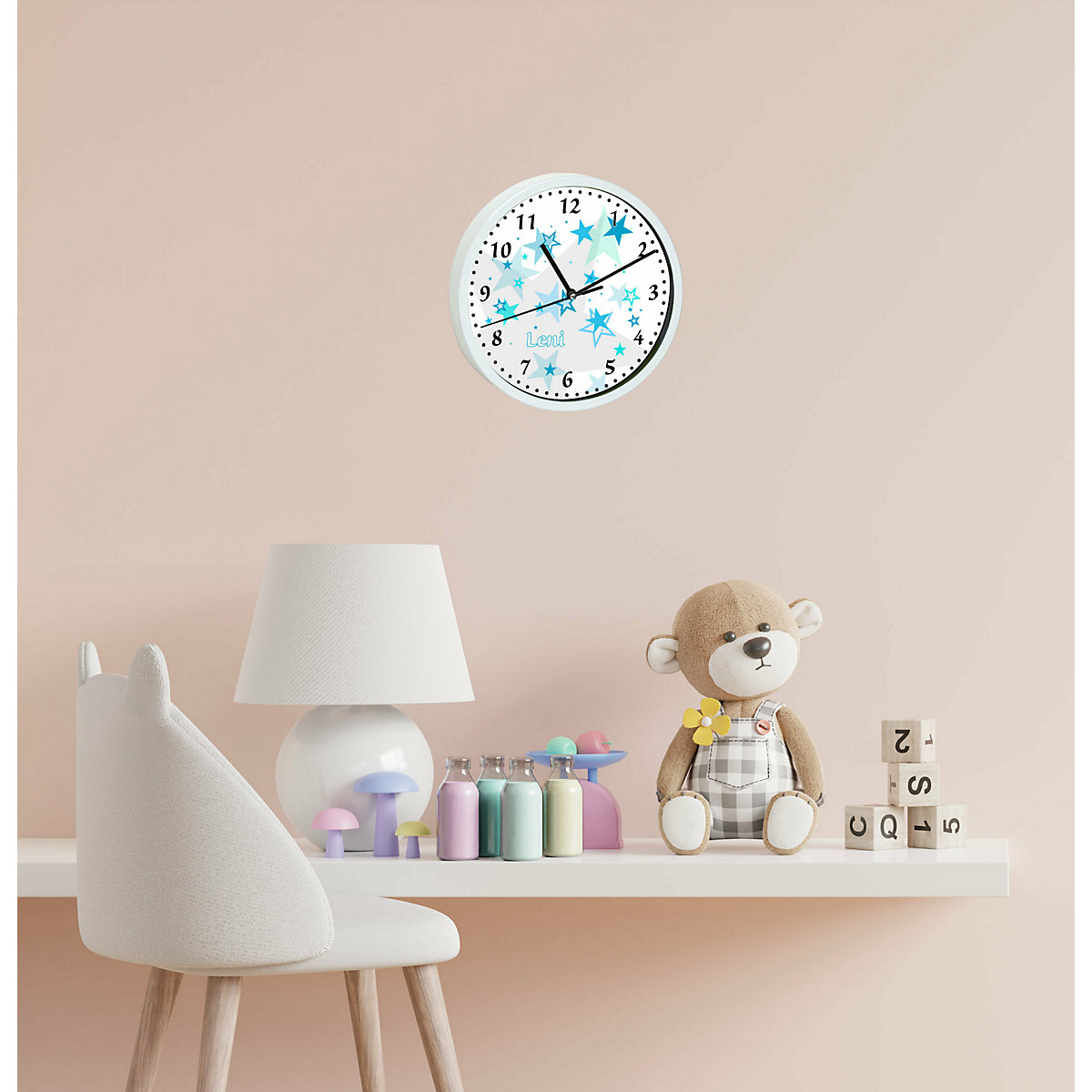 Kinder Wanduhr personalisiert mit Name Sternenhimmel Türkis