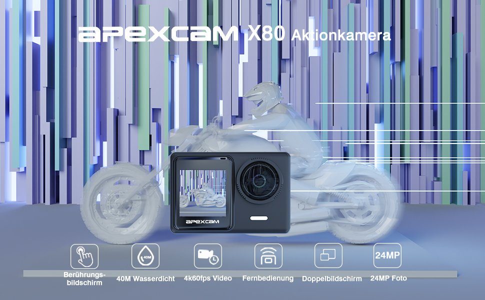 Apexcam X80 Action Cam (4K 60FPS 24MP Ultra HD, WLAN (Wi-Fi), mit Tasche, zwei Akkus, zwei Ladegeräten, Unterwasserkamera 40M, WiFi Fernbedienung, Dualscreen Touchscreen)