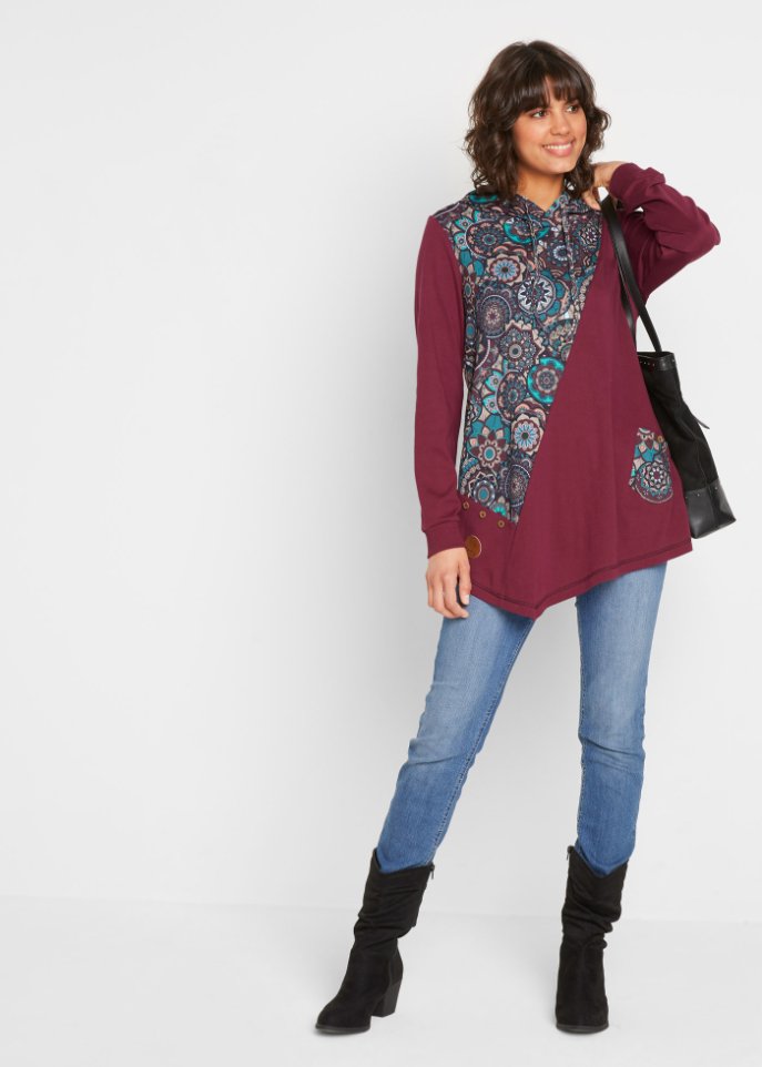 Kapuzenshirt mit Zipfelsaum und Patchwork-Optik, langarm