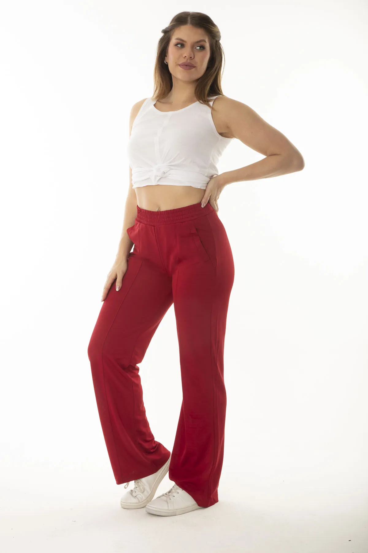 Şans  Damen-Trainingshose, große Größe, weinrot, Seitentasche, elastische Taille, weites Bein, 65N37055