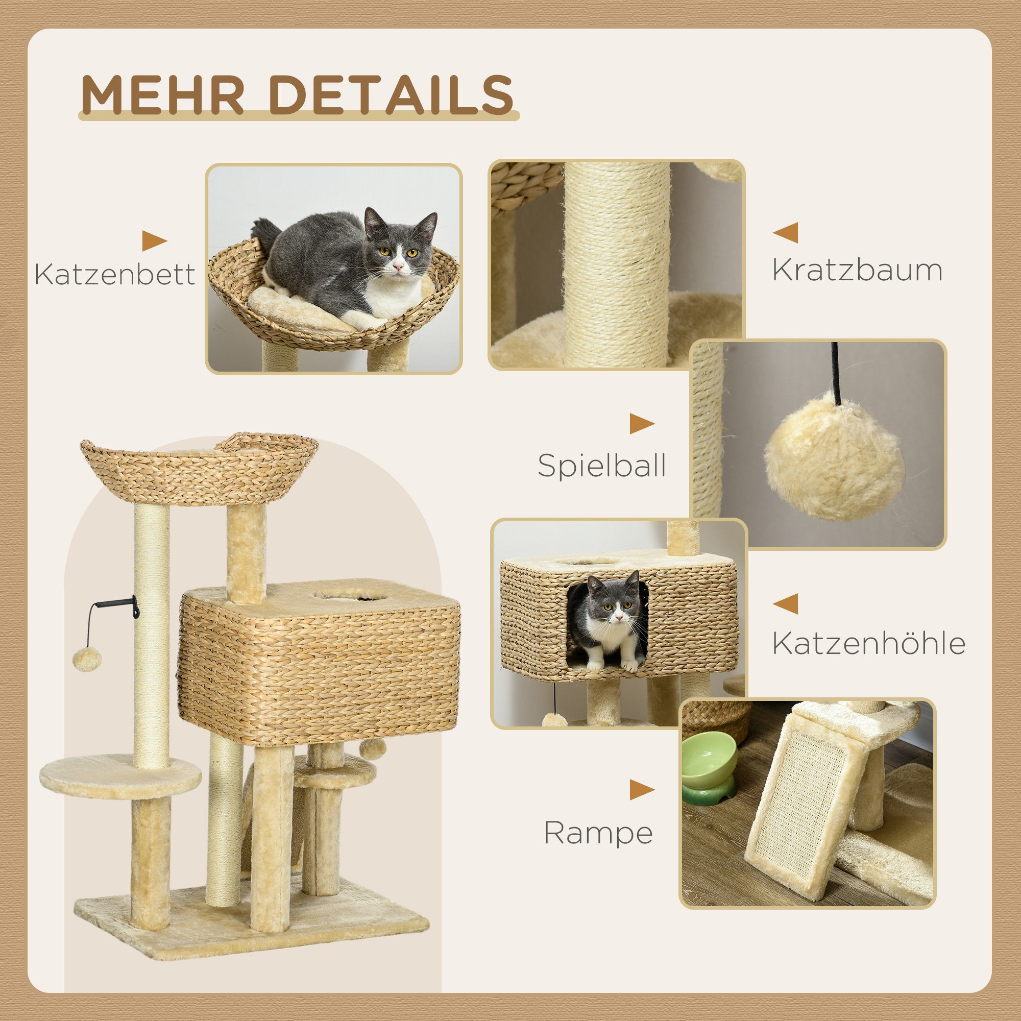 PawHut Kratzbaum Katzenbaum mit 2 Leigefläche Katzenmöbel Wasserhyazinthe, Sisal, Beige, 60L x 40B x 98H cm