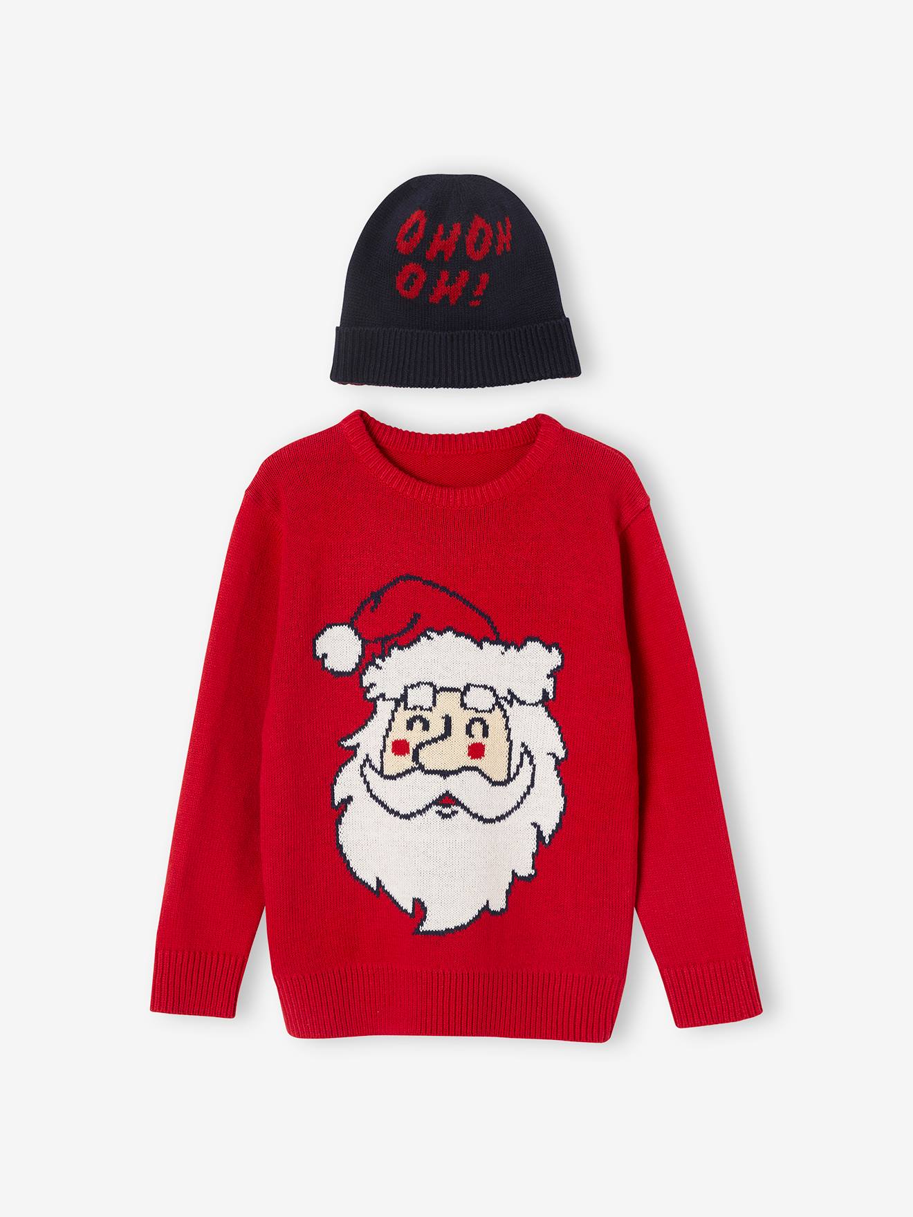 Coffret noël pull ludique et bonnet garçon rouge