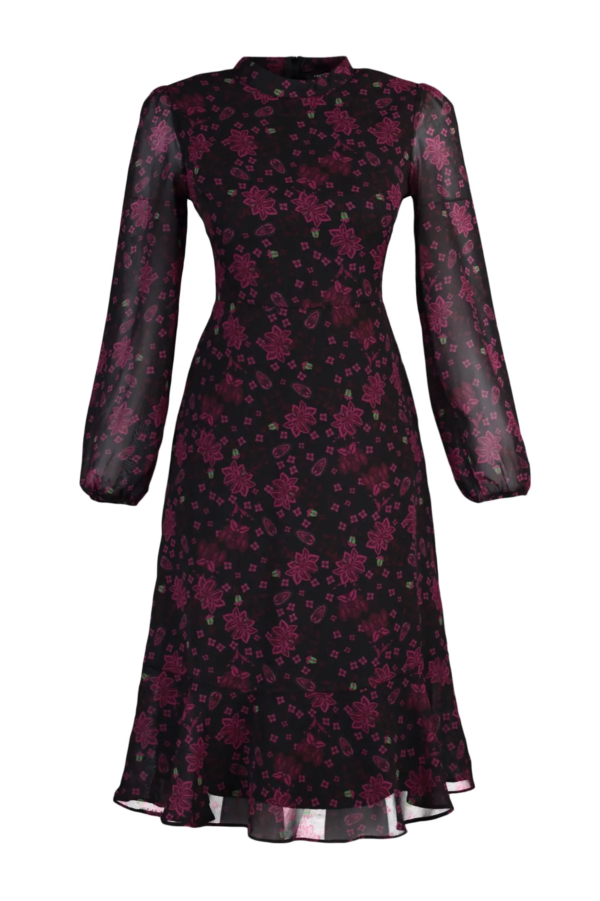 Trendyol Collection  Rosafarbenes, geblümtes A-Linien-Kleid aus Chiffon mit Stehkragen und Midi-Futter TWOAW20EL1313