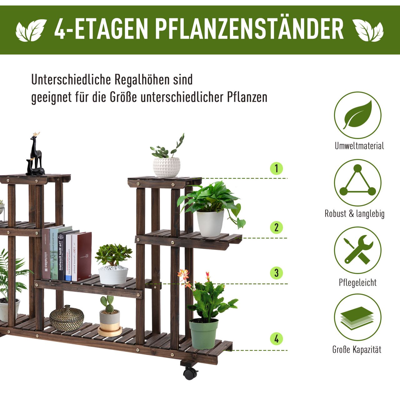 Outsunny Pflanzenregal Vierstufiges Blumenregal Verkohlt 123,5 x 33 x 80 cm