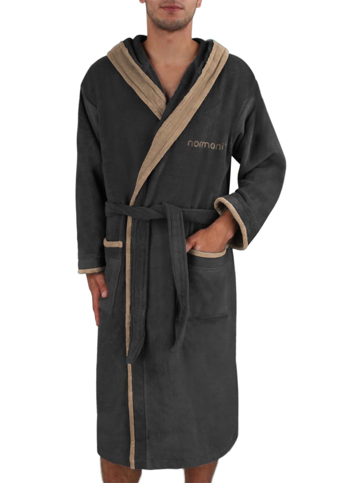 normani Unisex Baumwoll-Bademantel Rob in Schwarz/Beige günstig kaufen