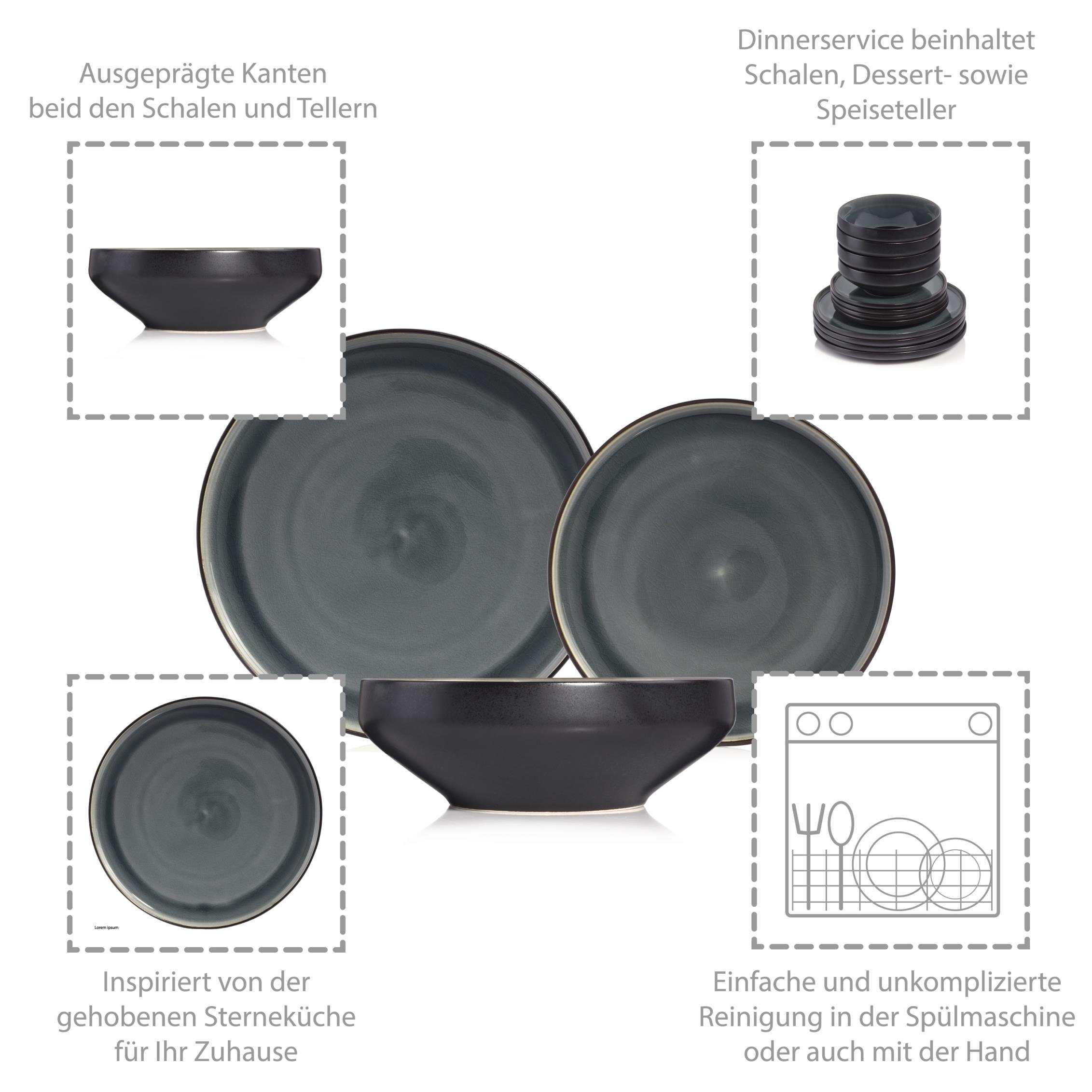 SÄNGER Tafelservice Helsinki Geschirrset (12-tlg), 4 Personen, Steingut, Schwarz mit grauen Akzenten, Handmade