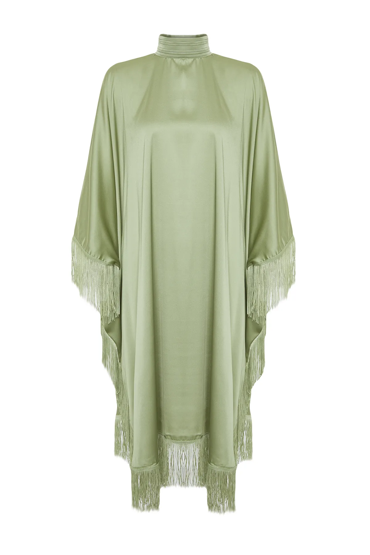 Trendyol Modest  Khakifarbenes Kaftan-Abendkleid aus Satin mit Quasten und Details TCTSS24DB00038