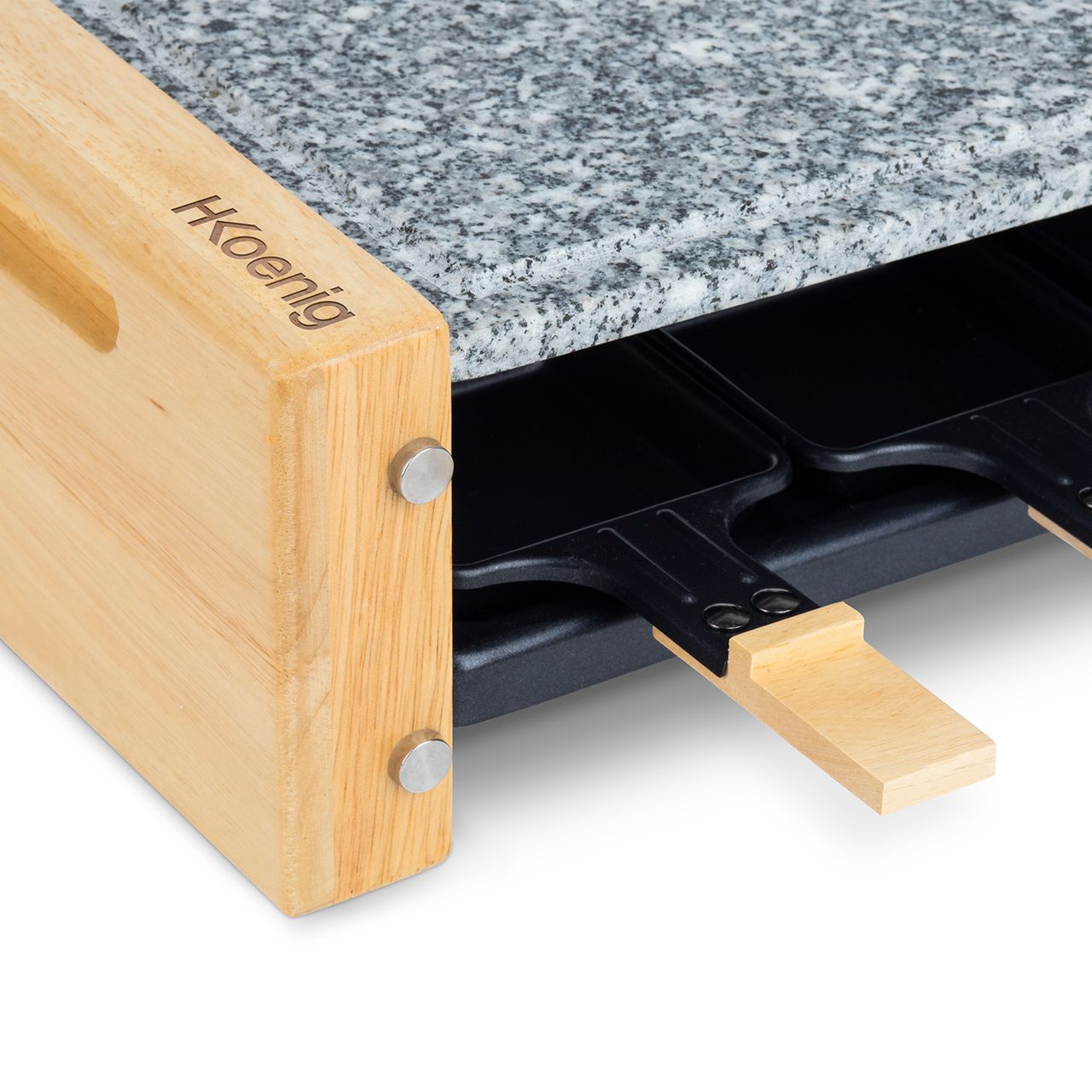 H.Koenig Raclettegerät WOD6 für 6 Personen, professionell, 900 W, Käseschaber, Fondue, Naturstein, Granitstein, abnehmbare Platte, Zubehör 6 Pfännchen & 6 Holzspatel, 900 W