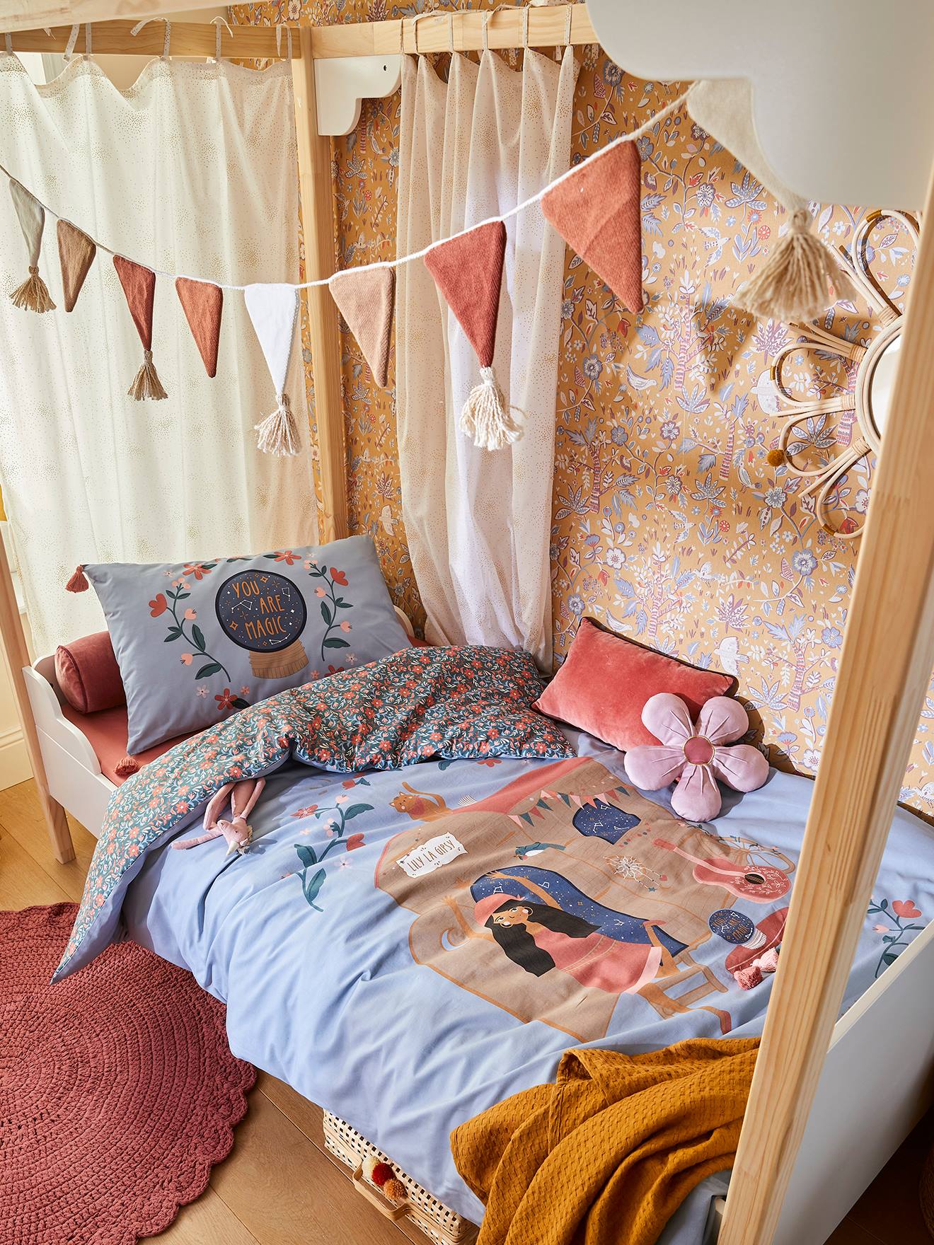 Vertbaudet Kinder Bettwäsche-Set HIPPIE BLUMENWAGEN - blau