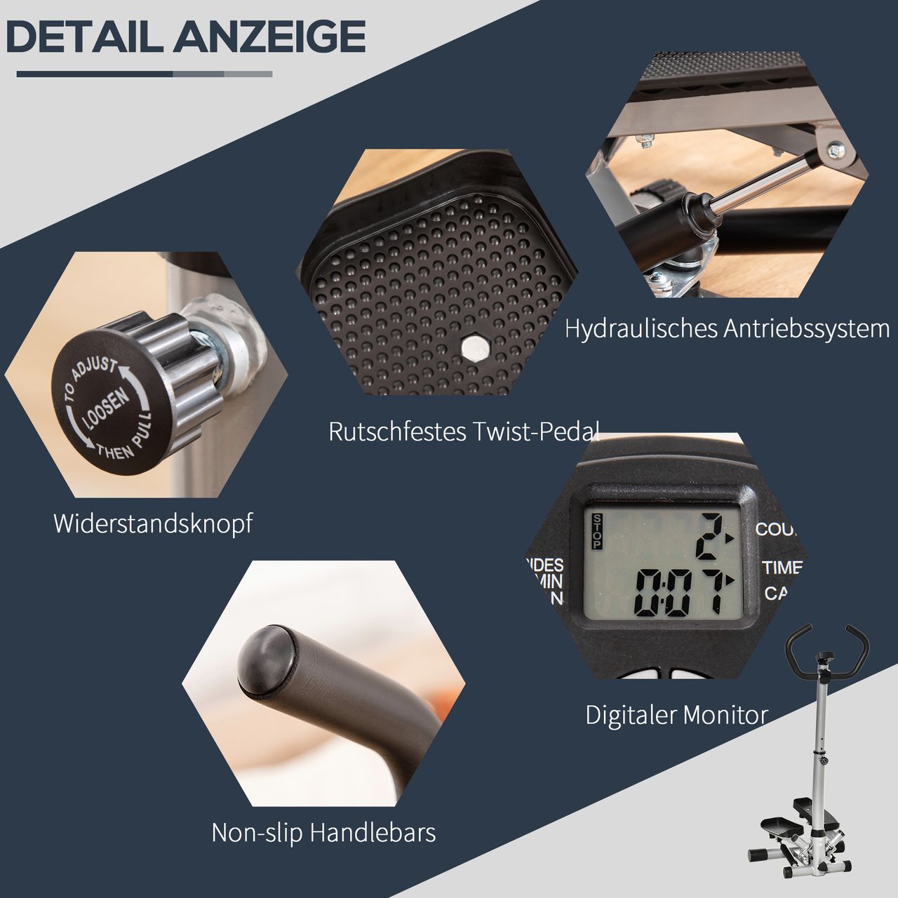 HOMCOM Stepper mit Handgriff Fitness einstellbare Geschwindigkeit Metall ABS Schwarz Silber
