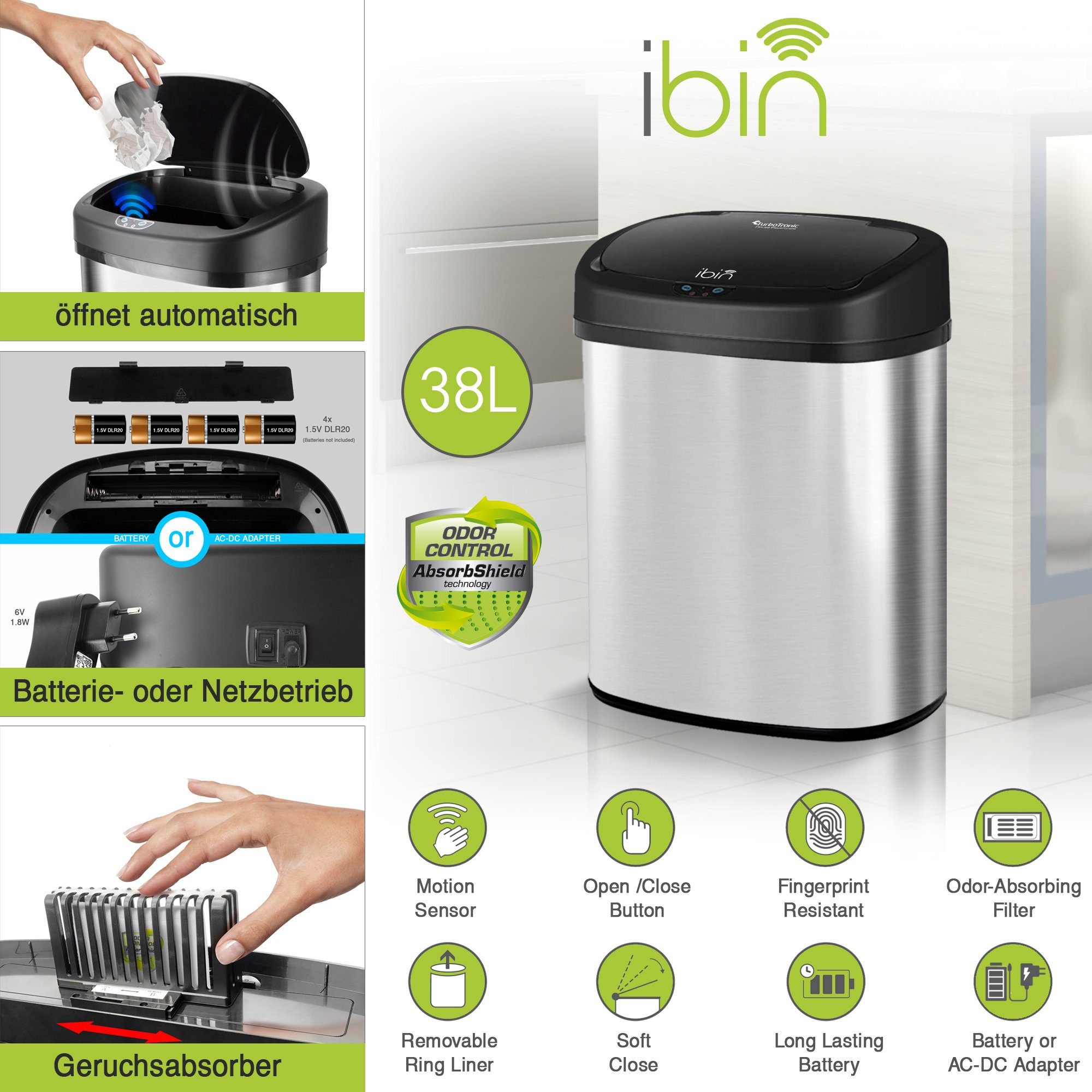 TurboTronic by Z-Line Mülleimer Batterie-/Netzbetrieb 38L, 48L oder 58L, Geruchsfilter, Automatik Abfalleimer, Edelstahl