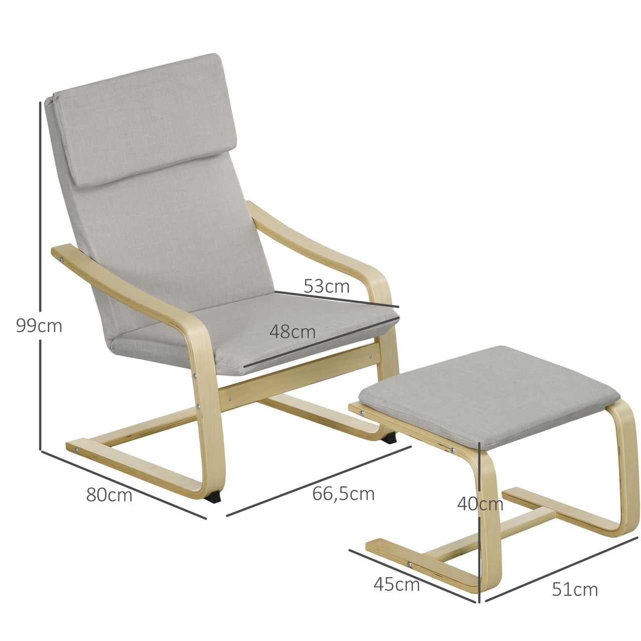 HOMCOM Relaxsessel mit Hocker, Armlehnen, Leinenoptik, Holzgestell, Hellgrau