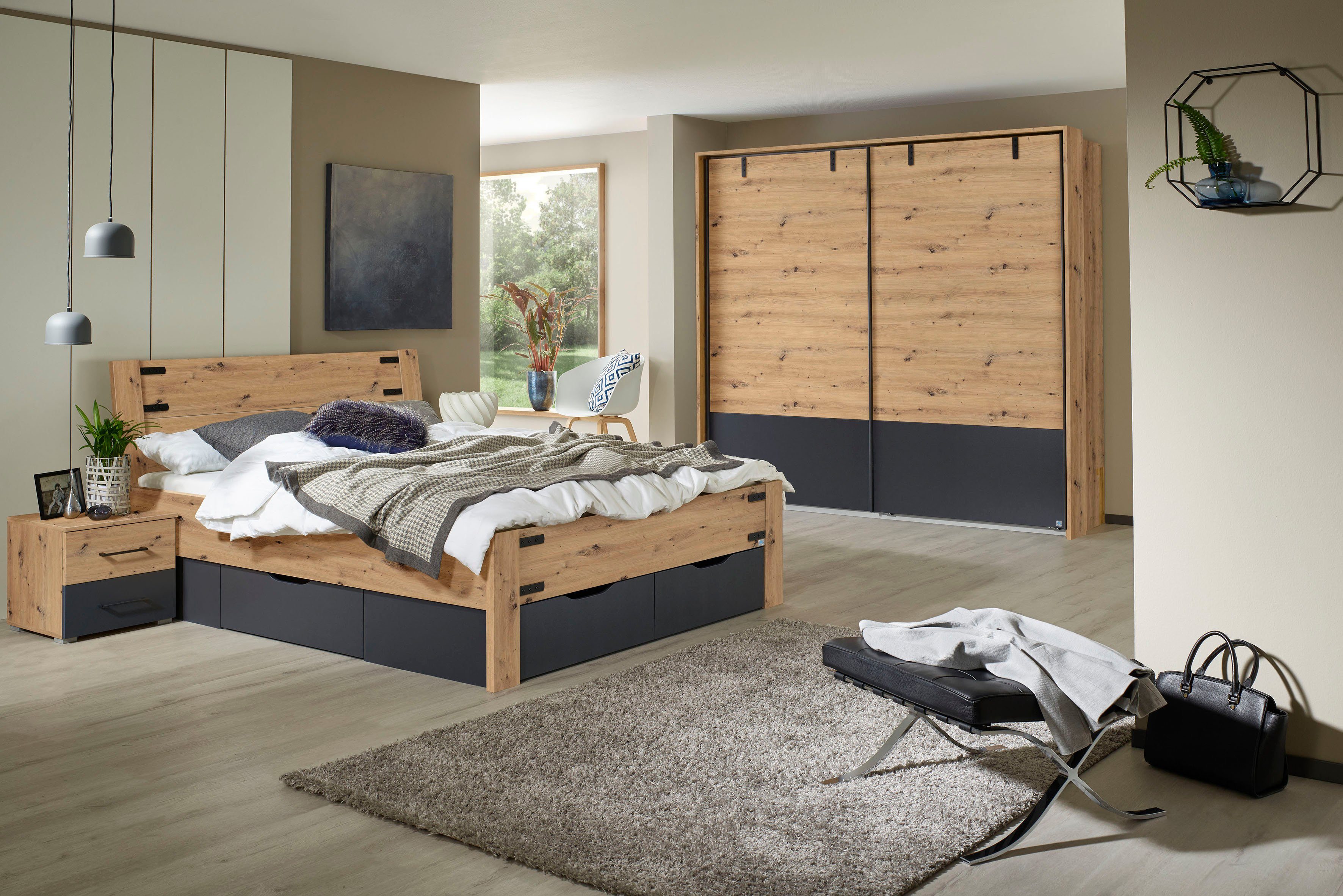 rauch Schlafzimmer-Set Birmingham, (5-St), 5-tlg.Set: Schwebetürenschrank inkl. Passepartout, Bett, 2 Nachttische
