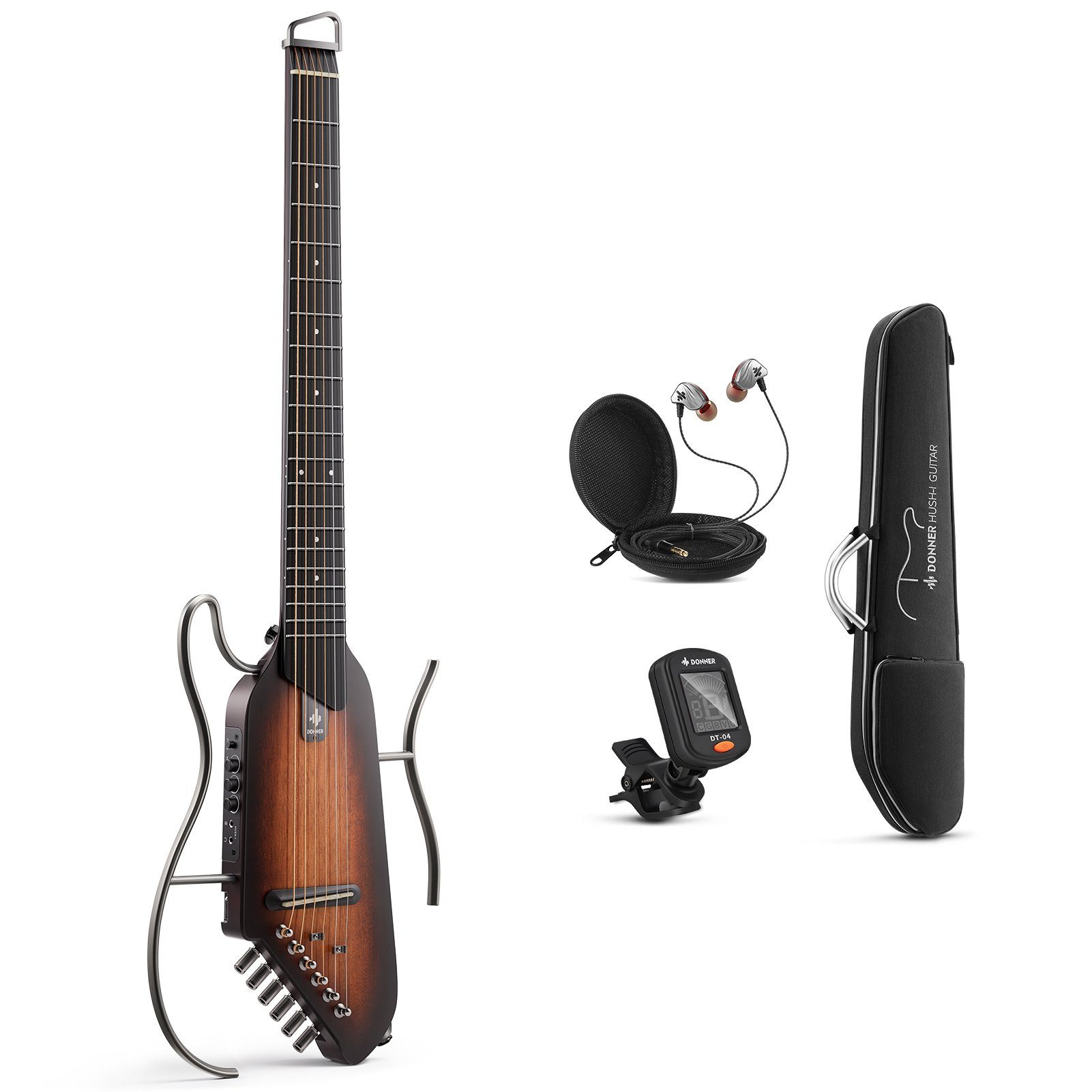 Donner Gitalele HUSH-I Elektroakustische Gitarre Kopflos Tragbar Gitarre zum Reisen, Kopflos, Set, tragbar In jeder Zeit spielen Lärmminderung