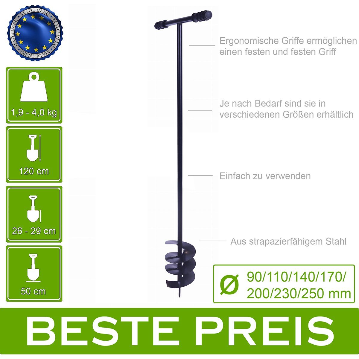 Roysson Garden Handerdbohrer Handbohrer Erdbohrer Erdlochbohrer Pflanzbohrer Handerdbohrer 23 cm