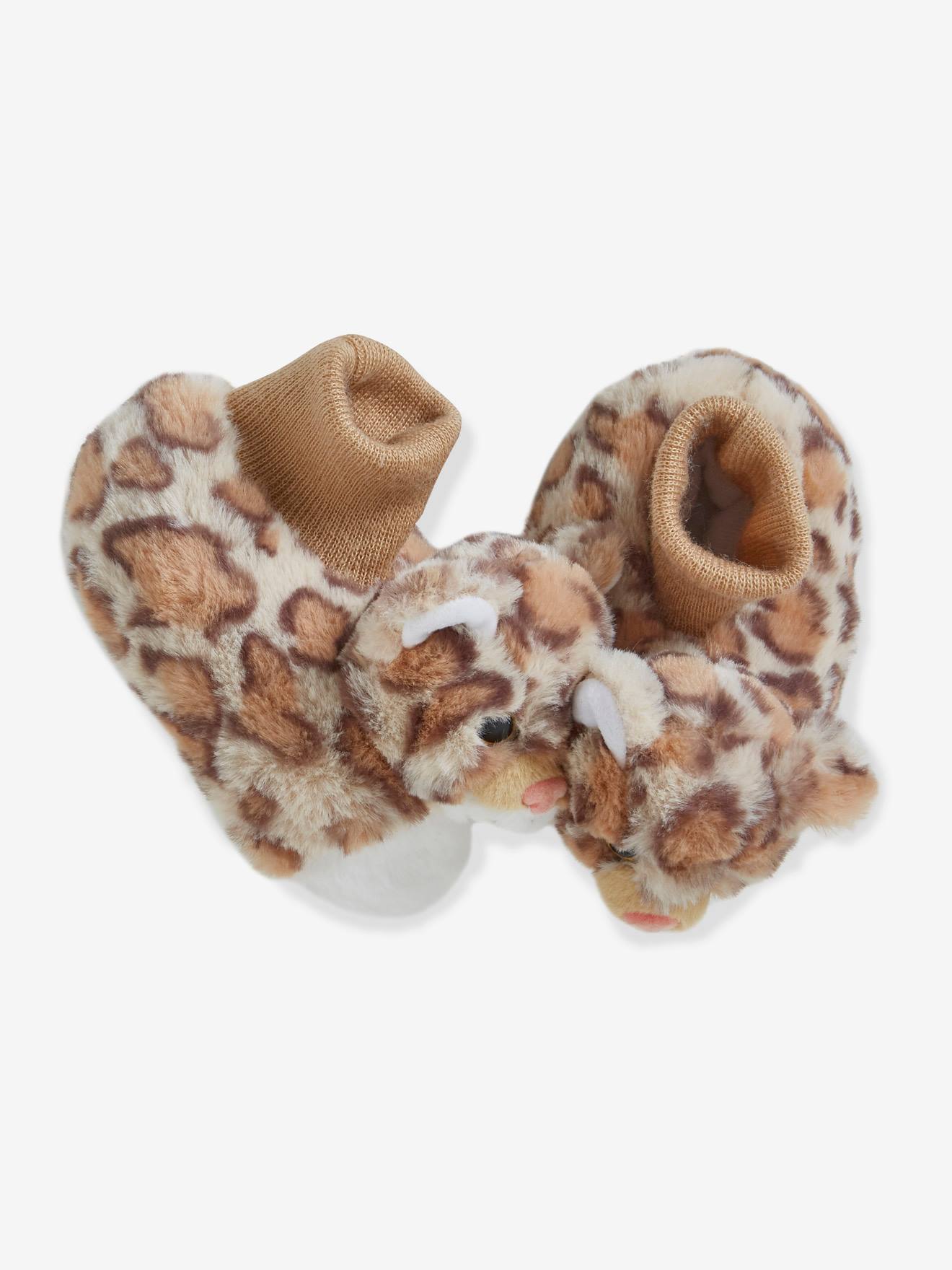 Chaussons bébé garçon esprit peluche beige imprimé léopard