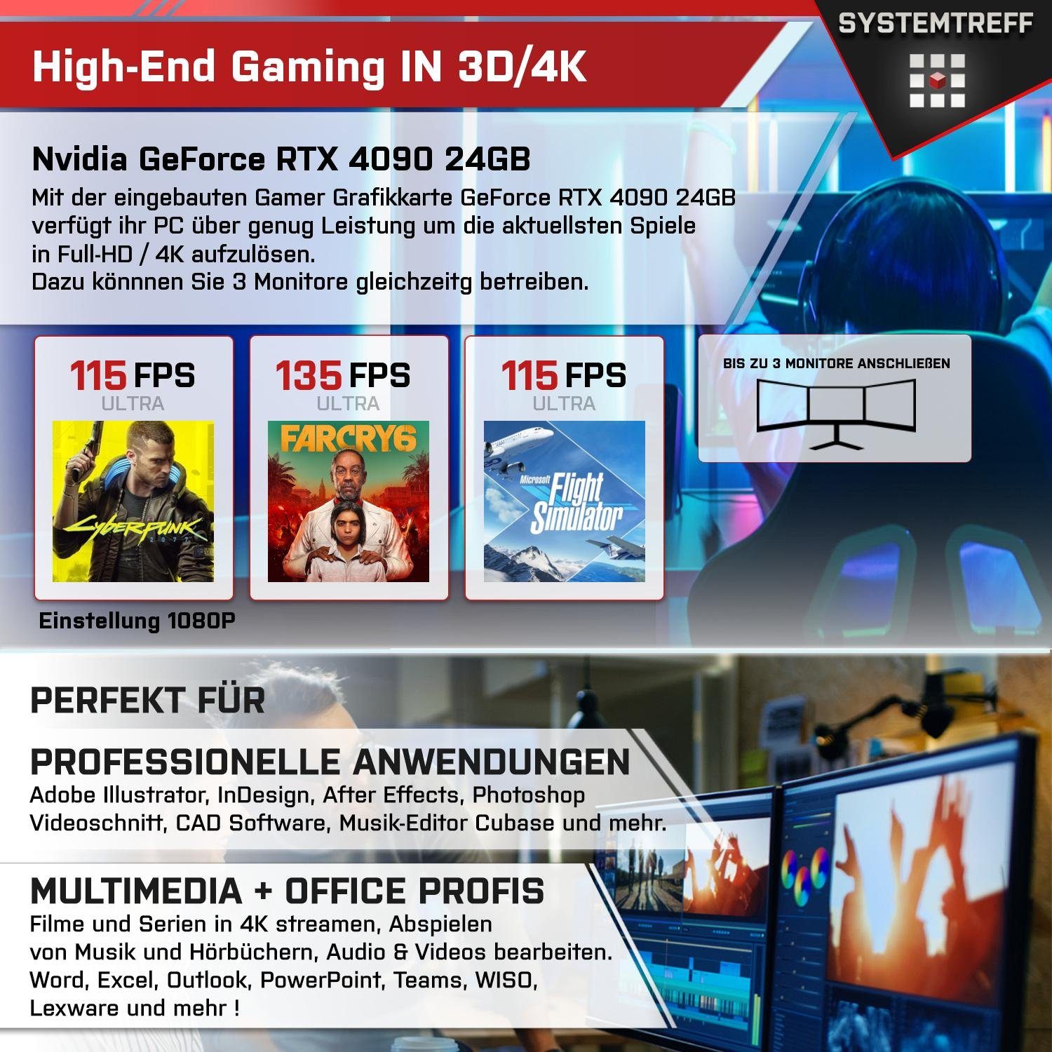 SYSTEMTREFF Gaming-PC (AMD Ryzen 7 7800X3D, GeForce RTX 4090, 32 GB RAM, 2000 GB SSD, Luftkühlung, Windows 11, WLAN)