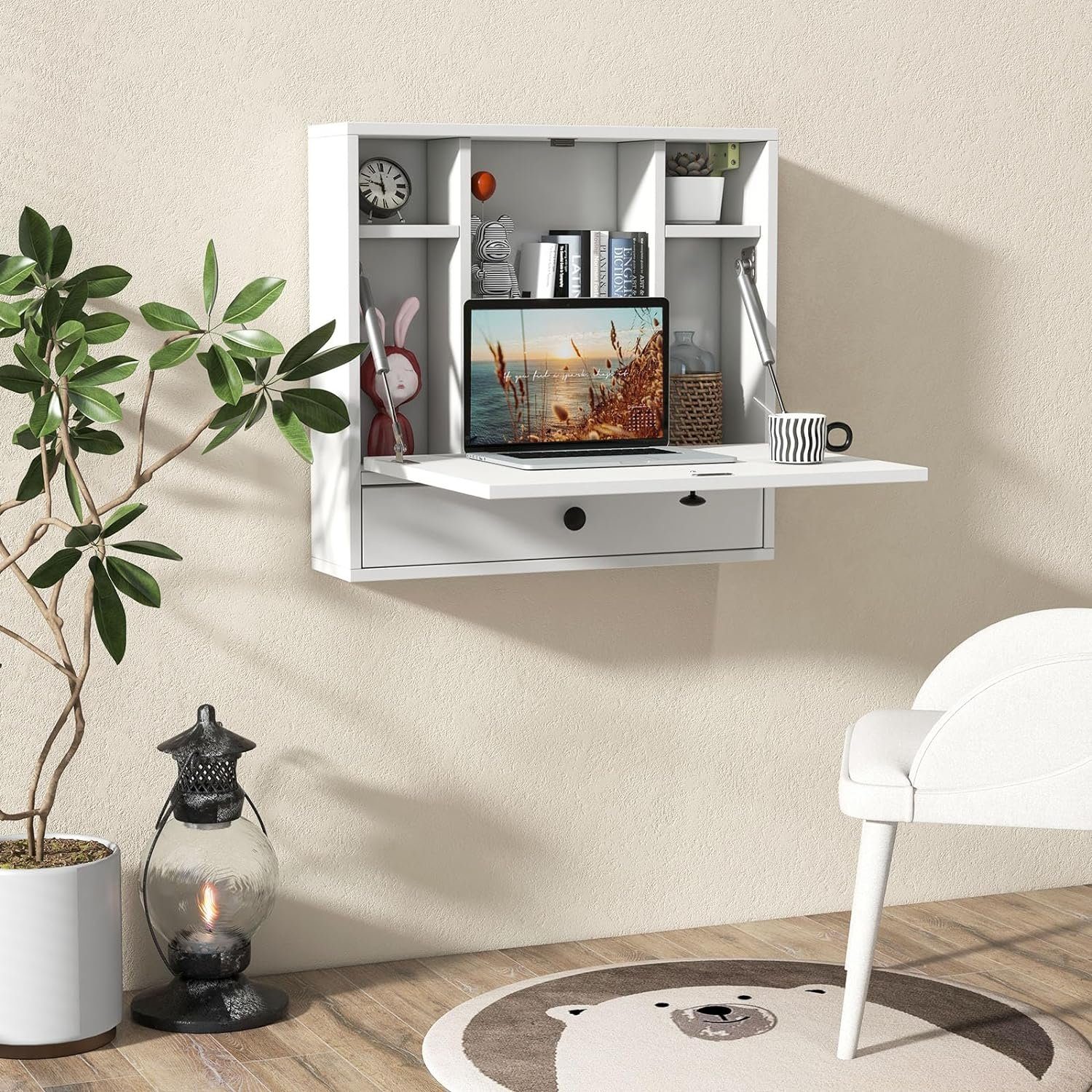 KOMFOTTEU Klapptisch Wandklapptisch, mit Ablagefächern & Schublade, 60x15x57 cm