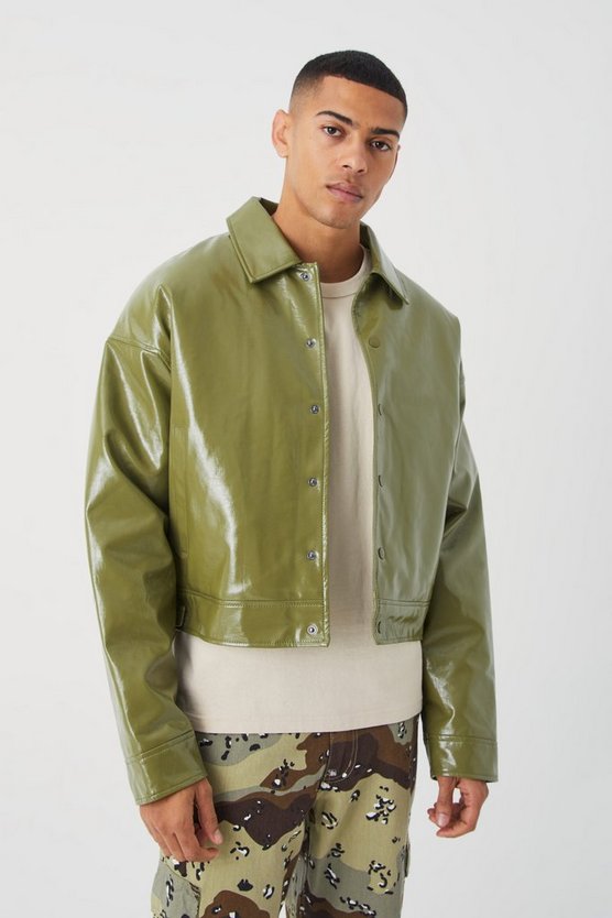 Kastige hochglänzende PU Harrington-Jacke