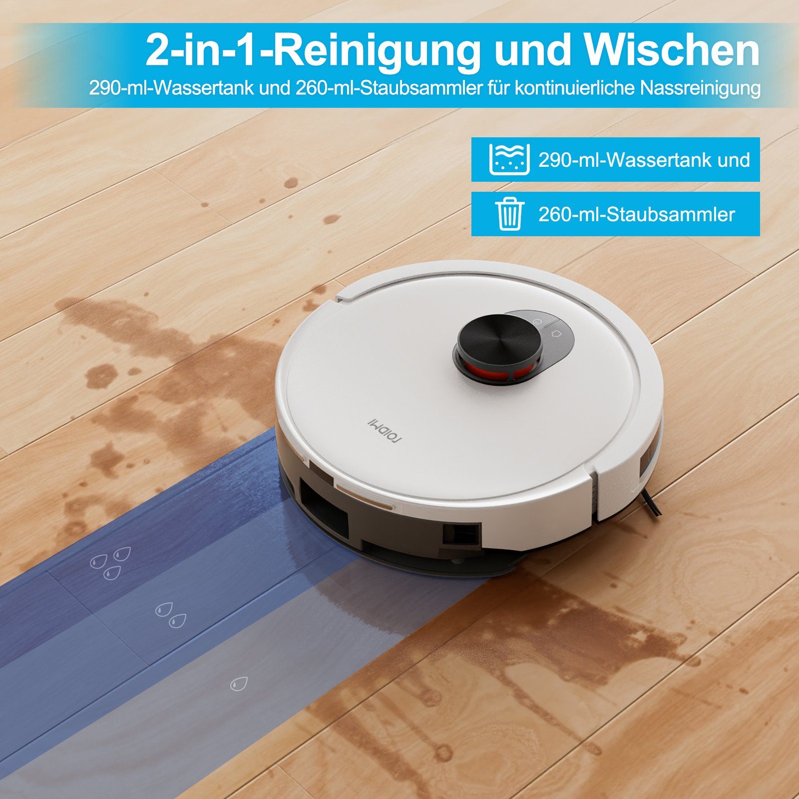 Roidmi Nass-Trocken-Saugroboter EVE CC, 40,00 W, mit Beutel, Mit Wischfunktion,Mit 2.5L großer Staubbox